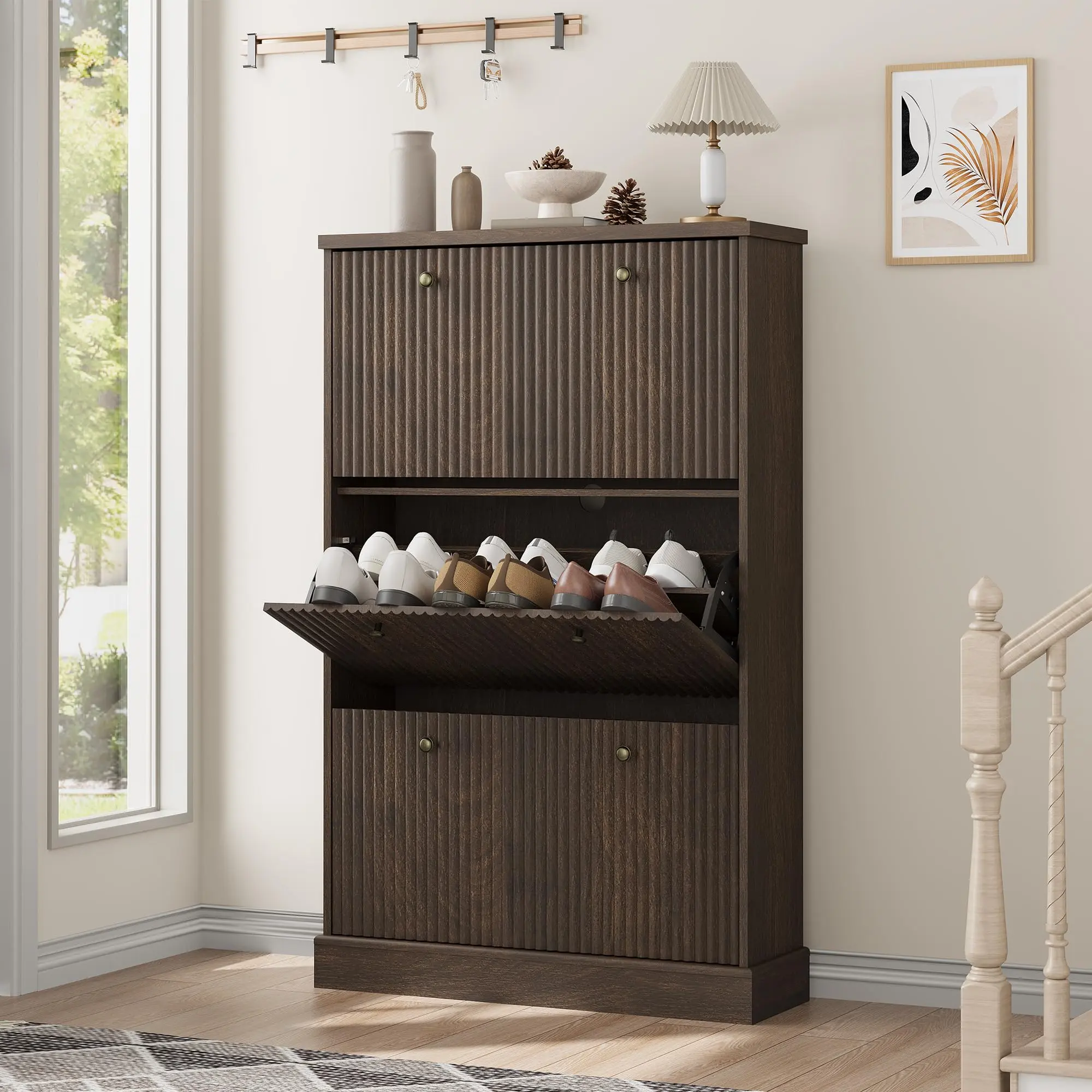 Modern Space-Saving Shoe Cabinet, Features 3 Flip Drawers, Adjustable Shelves, Narrow Freestanding Wooden Storage Organizer, Ideal for Entryway, Hallway & Living Room, Black Walnut Finish