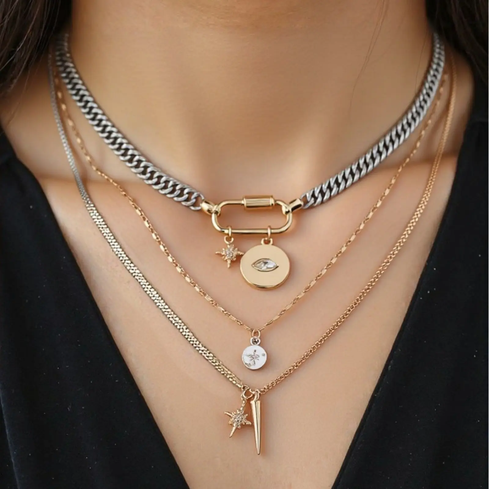 Gold Silver Layered Necklace Set Chunky Cuban Chain Minimalist Star Evil Eye Pendant Carabiner Lock Toggle Choker Retro Aesthetic Jewelry for Women