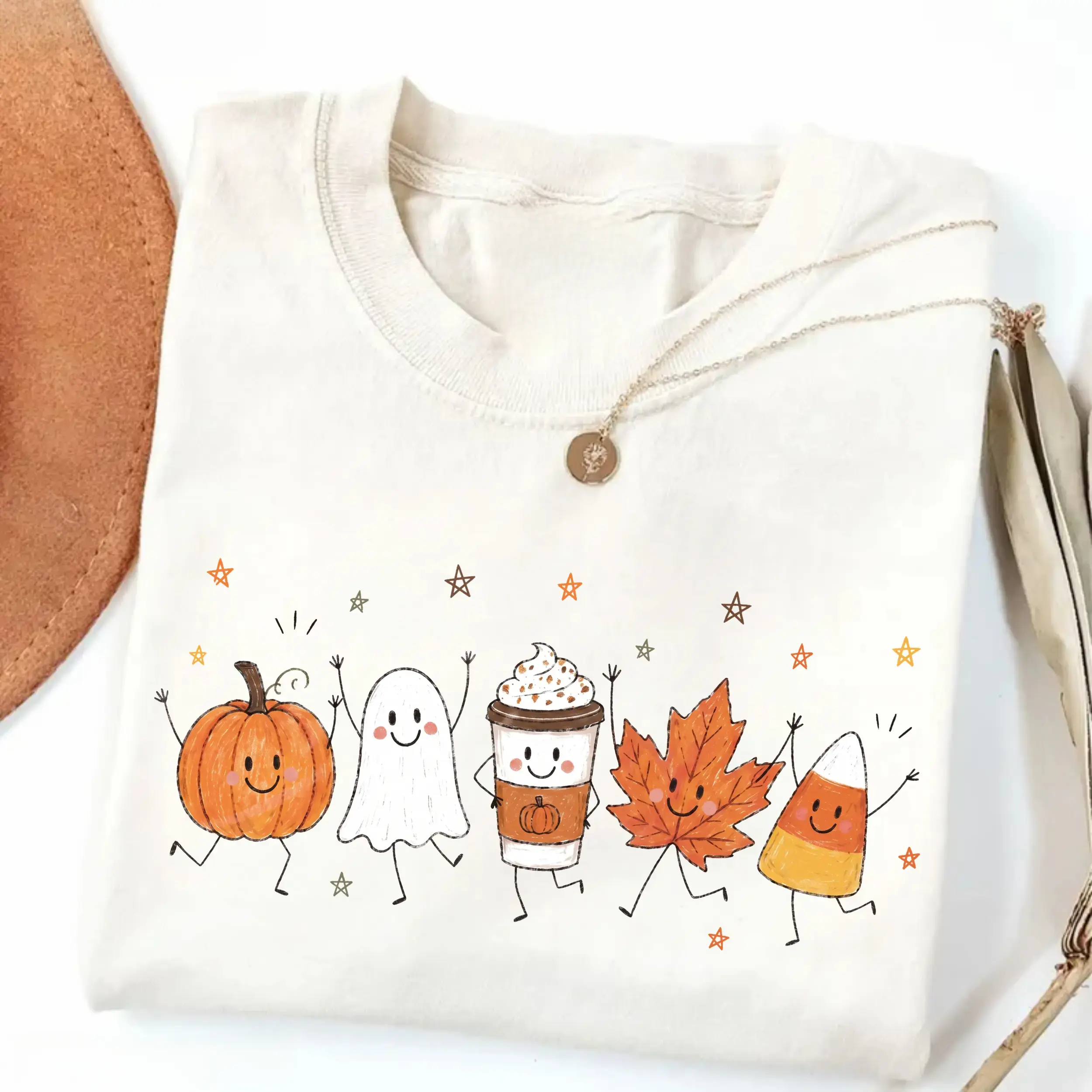 Cute Fall Characters  T-Shirt, Pumpkin Ghost Graphic Tee, Cozy Autumn Shirt, Halloween Gift, Spooky Season