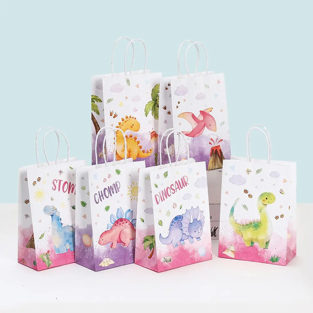 12pcs/24pcs/36pcs Dinosaur Party Kraft Gift Paper Bags, Jungle Adventure Theme, Birthday Gifts, Party Decorations, Gift Packaging, Gift Wrapping