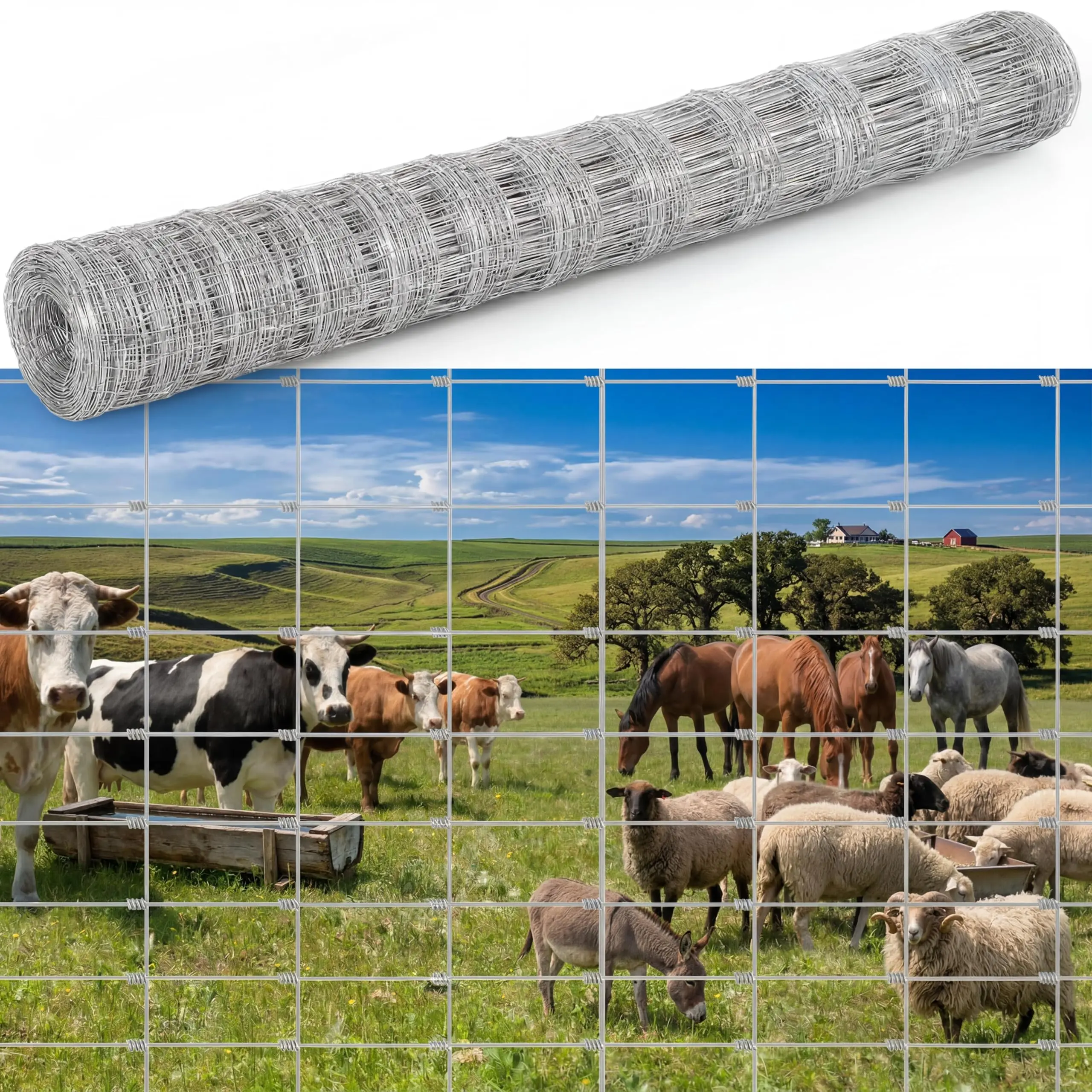 Farm Fence 5ft x 328ft, 12 Gauge Heavy Zinc Coating Cattle Panel Fence Galvanized Woven Wire Field Fencing Livestock Fence, Durable Chain Link Hog Wire Fencing for Yard Garden Sheep Goat Deer Horse