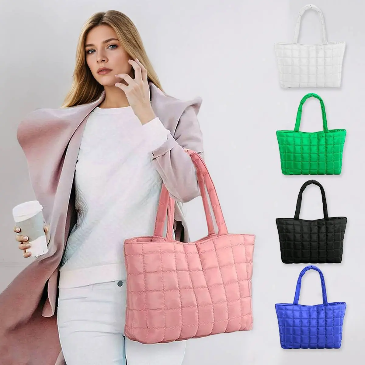 Women's Quilted Plain Minimalist High-Capacity Lightweight Puffer Tote Bag - Magnetic Top-Handle Shoulder Bag with Double Handles, Durable, Hand Wash Only for Holiday & Shopping, Casual