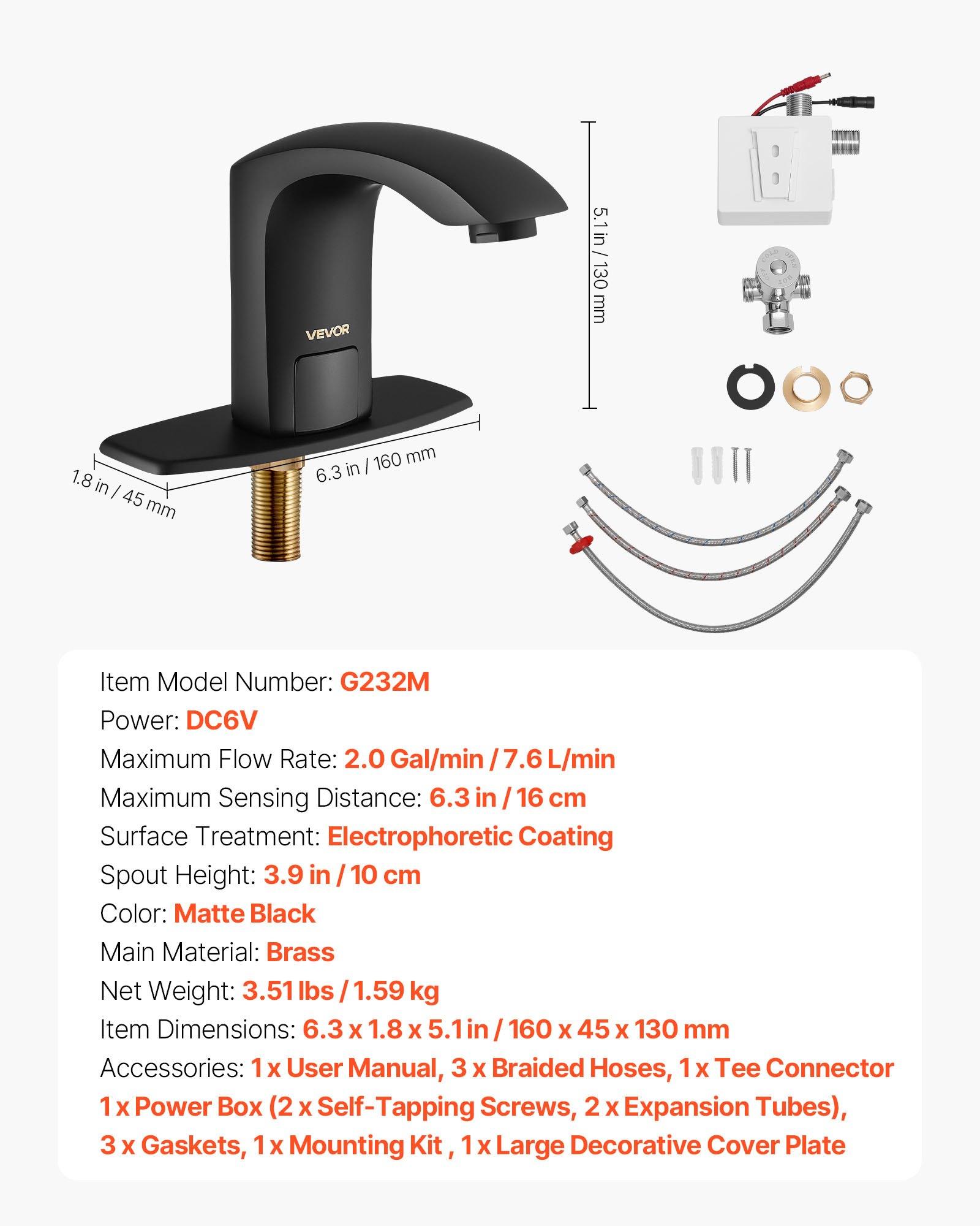 VEVOR Touchless Bathroom Sink Faucet, Automatic Motion Sensor Restroom Toilet Faucet with Hole Cover Plate, Battery Operated,Adjustable Temperature for 9/16 in Pipe Commercial Lavatory,Matte Black