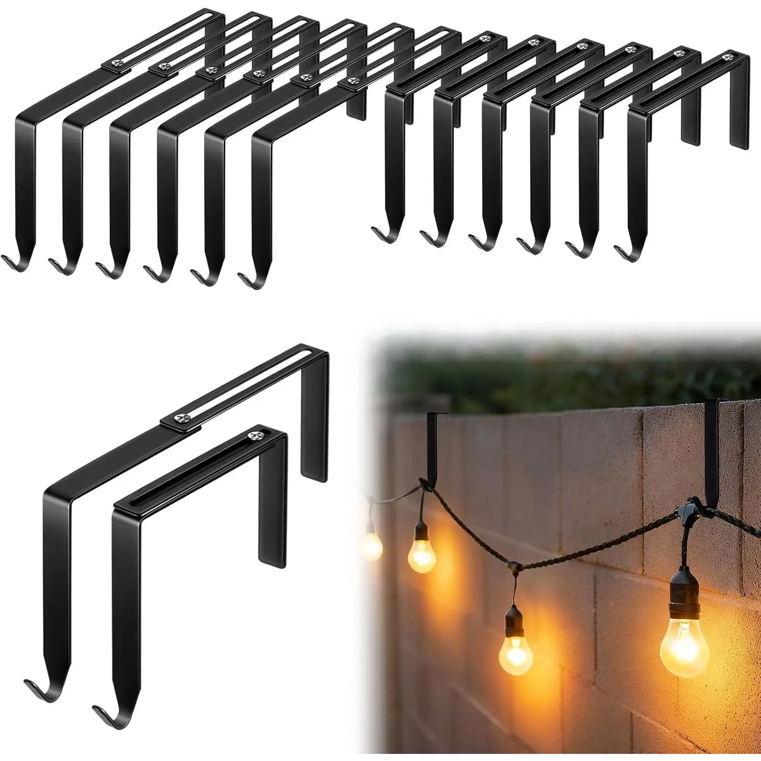 12 Pcs Adjustable Outdoor Light String Metal Hooks for 3.2-6 Inch Concrete Wall Cinder Block Fences Hangers Outdoor Light String Hooks No Drill for Concrete Wall Cinder Block and Fence(Black)