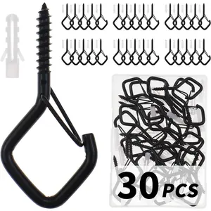 30 count Cup Screw-in Hanger Hooks with Safety Buckle, Windproof Screw Hooks  for  Outdoor String Lights, , and Patio Lights,for Ceiling and Wall Mount, 2.2 Inches in Black