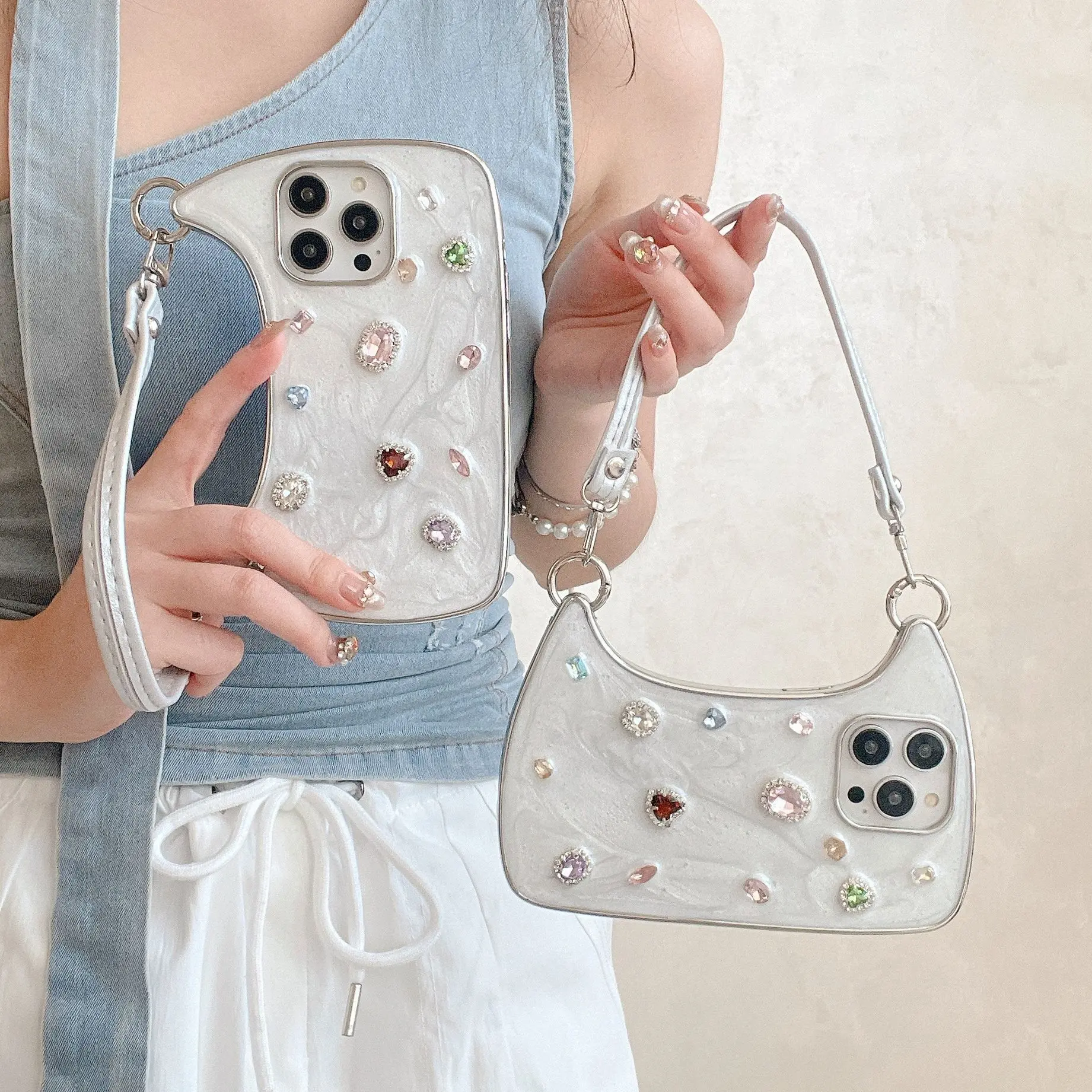 Epoxy-coated electroplated gloves case with colorful gemstones suitable for iPhone 15, Apple 12, 13/14 Pro Max, and 11