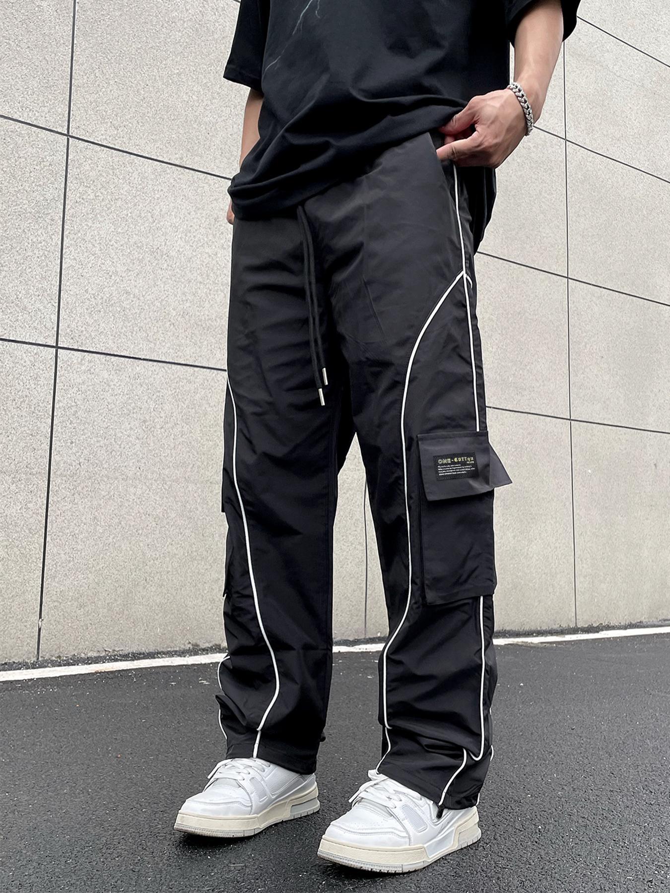 Men's Loose Letter Patched Contrast Binding Pocket Detail Drawstring Cargo Pants, Mens Pants, Casual Trousers for Spring Fall Winter
