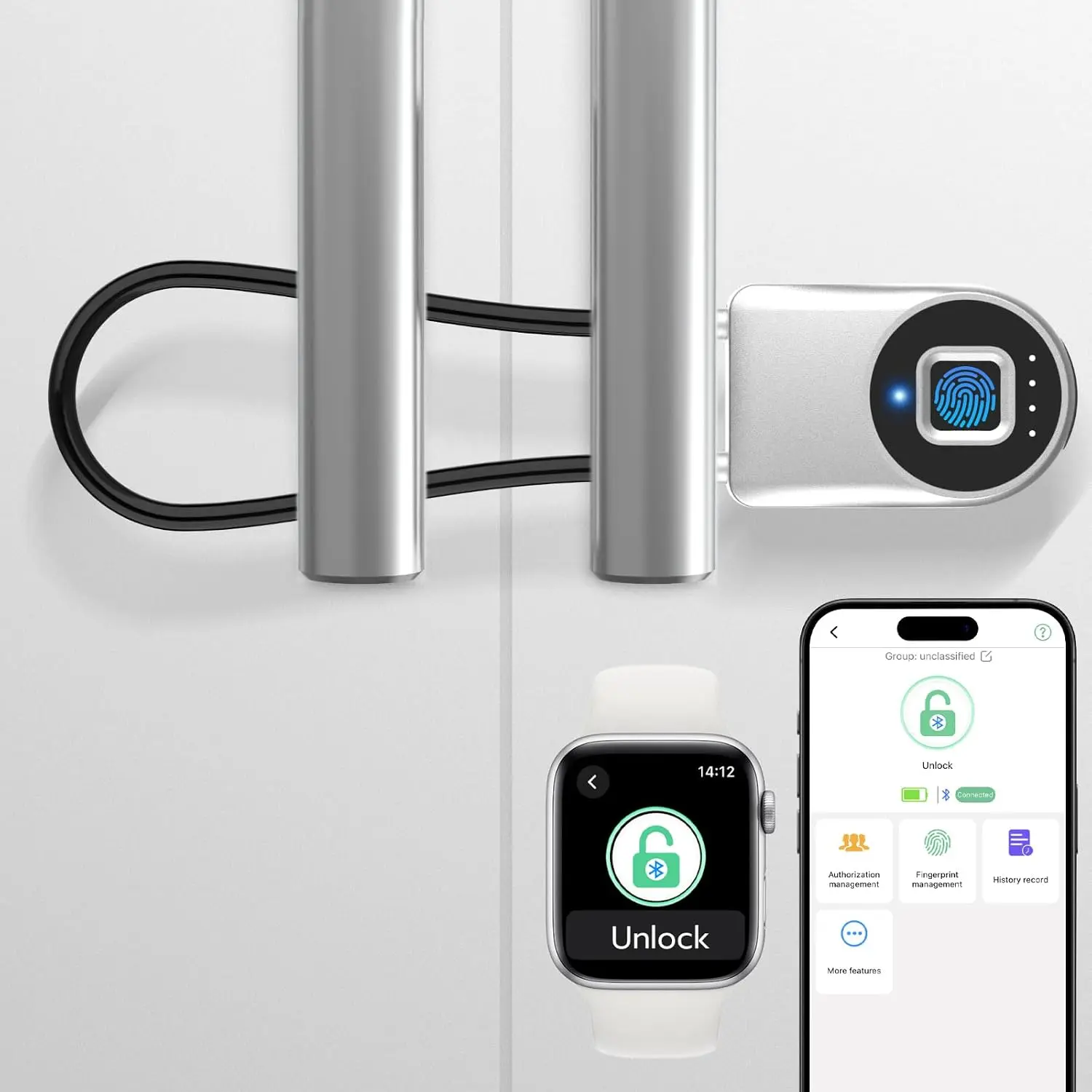 Biometric Fingerprint Padlock with APP Control - 8.6in Long Door Hardware for Refrigerator Door, Cabinet, Gate Locker