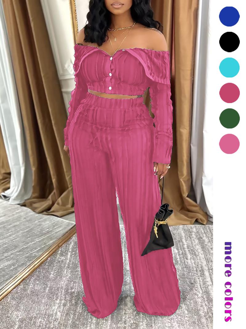 Lady 's Solid Off Shoulder Top & Wide Leg Pants Set, Elegant Loose Fashion Casual Two Piece Outfits for Daily Outdoor Wear, Casual Summer Set, Women Clothes for All Seasons, Womenswear