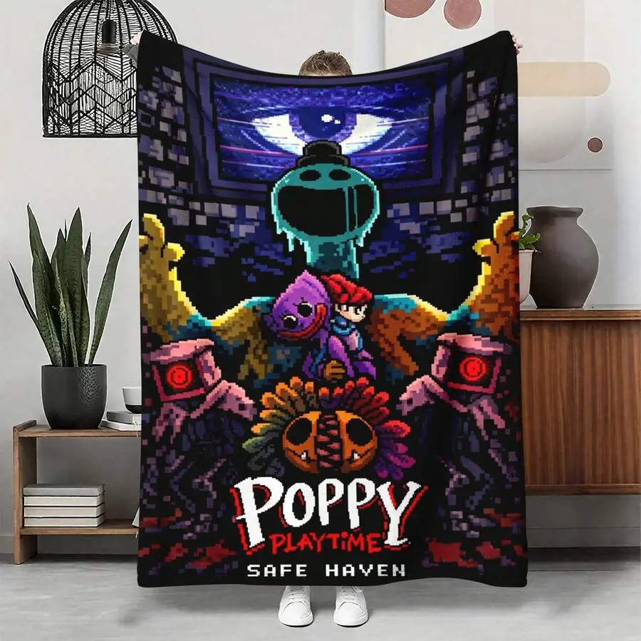 Poppy Playtime Safe Haven Pixel Horror Game Flannel Blanket, Dark Pixel Monster Huggy Wuggy CatNap Graphic Throw Blanket, Soft Plush Warm Blanket for Couch Bedroom, Cozy Comfy Nap Blanket, Perfect Giftable Decorative Blanket for Poppy Playtime Horror Game