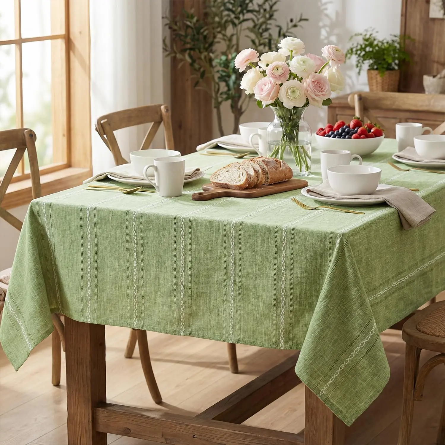 Sage Green Cotton Blend Tablecloth - 60x84 Inch Rectangular, Easter Rustic Farmhouse Style, Wrinkle-Resistant Washable, Hemstitched Embroidery Cover for Home
