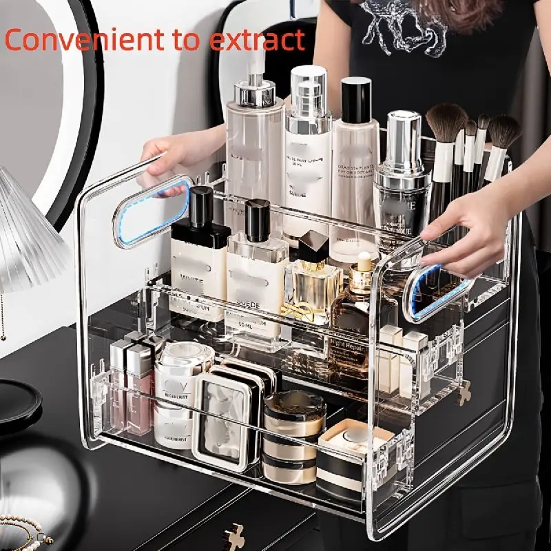 Three-layer large-capacity cosmetic display rack, acrylic transparent material, layered design can store lipstick, eye cream, air cushion, lotion, etc., with handle, it is a necessary cosmetic storage tool for bathrooms and bedrooms