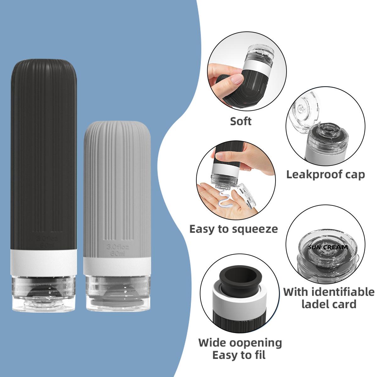 Travel Silicone Shampoo and Shower Gel Bottles Set, Leak-Proof Portable Toiletry Containers, Refillable Travel Bottles for Shampoo, Conditioner, Soap, Camping, Vacation, & Business Trip Essential