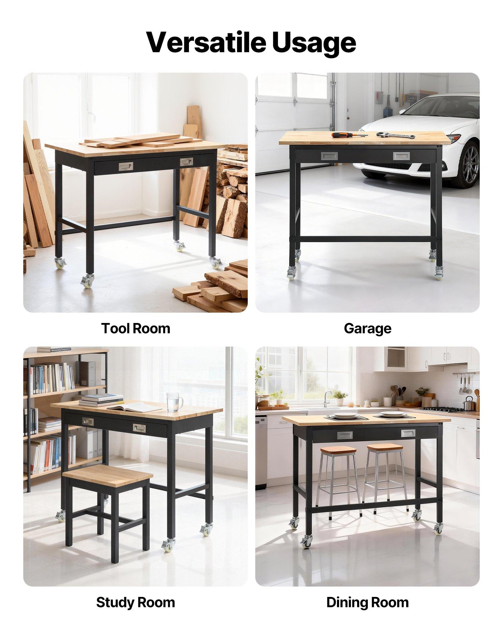 VEVOR 48-inch Workbench, 1500 lbs Load Capacity, Garage Workbench with Drawer Storage & Wheels, Workshop Bench on Wheels, Heavy Duty Oak Wood Top Work Table for Garage, Workshop, Office, and Home