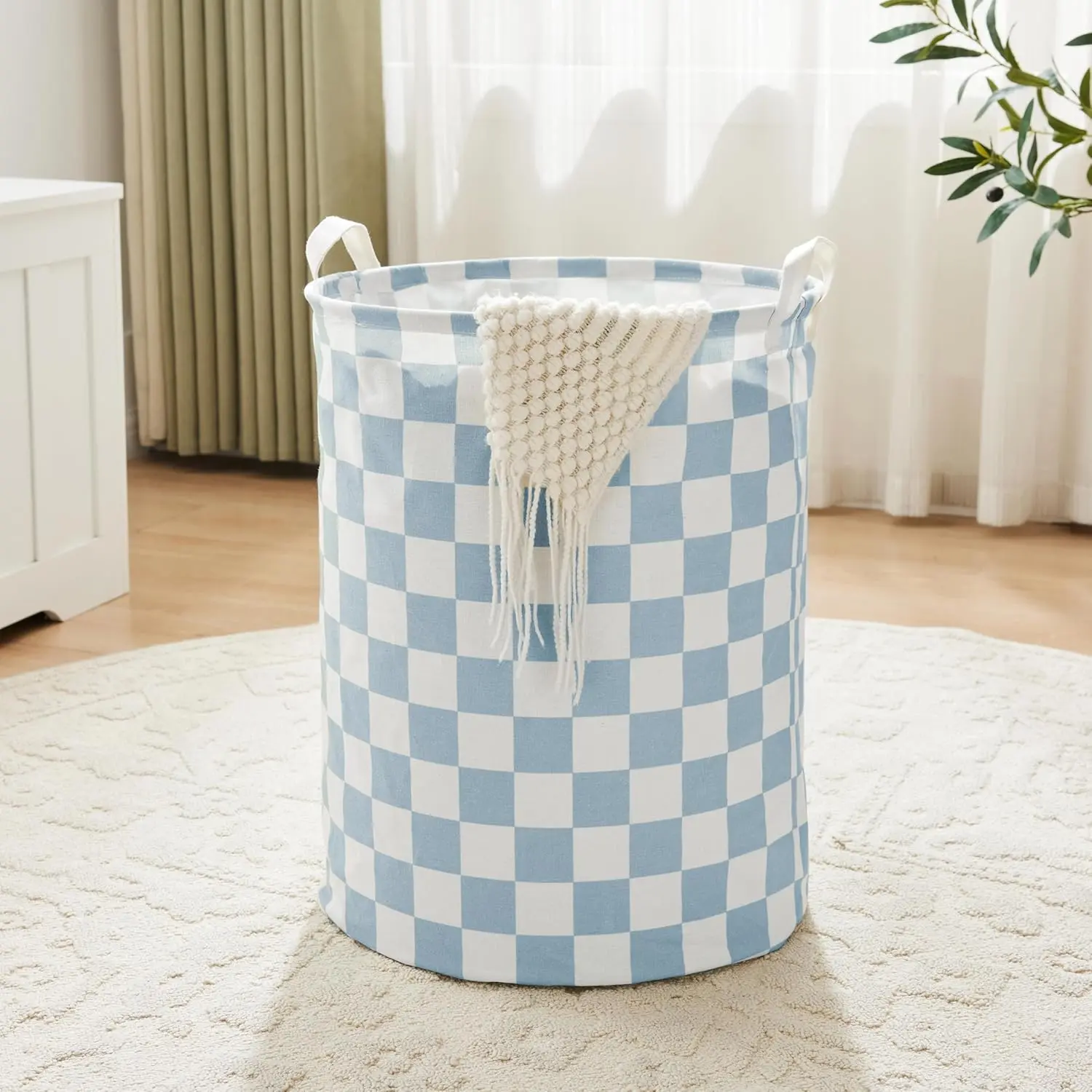 Blue Checkered Laundry Basket, Collapsible Aesthetic Cute Canvas Organizer Hamper Basket for Storage, Toy Bins, Bedroom Clothes, Children Nursery, Gift Basket