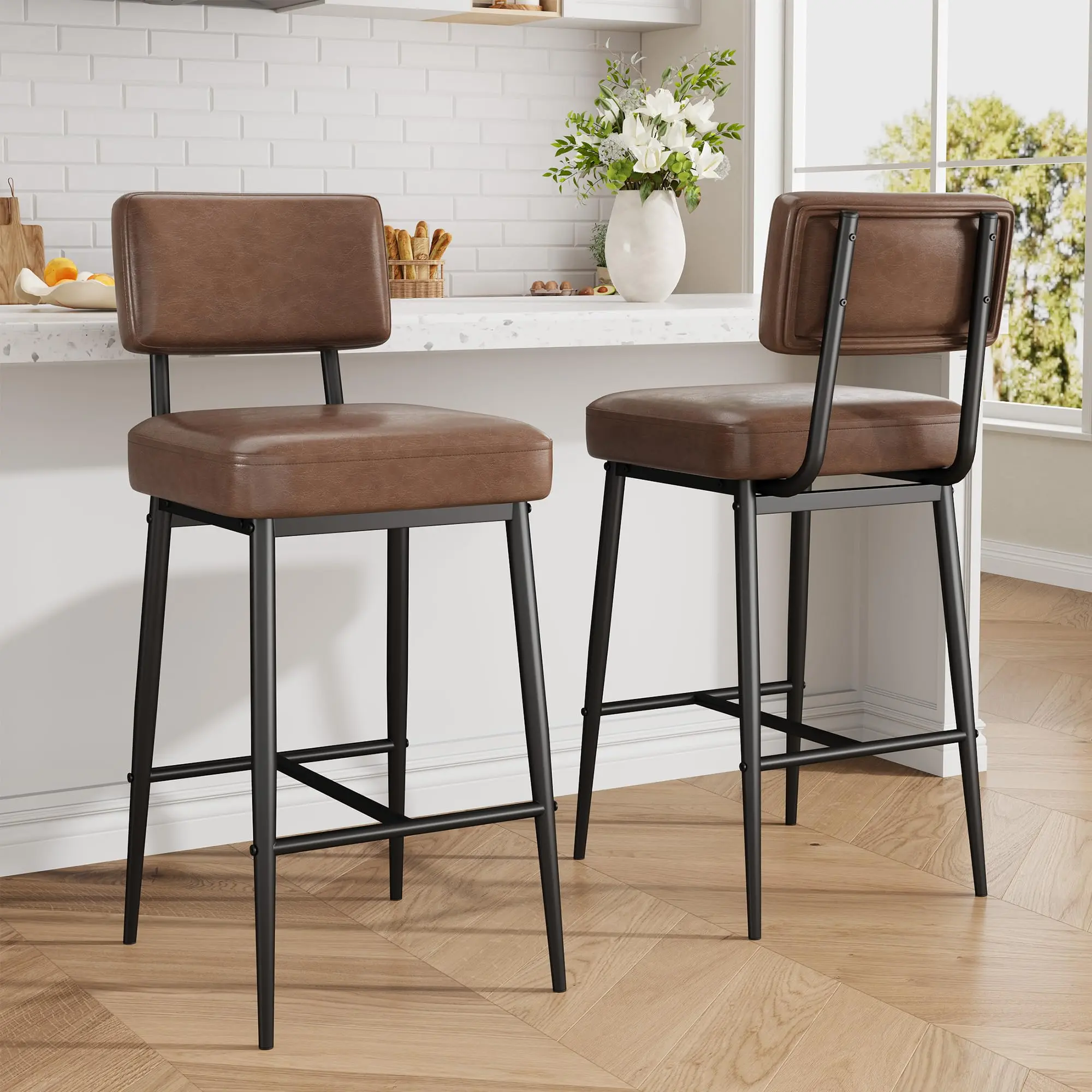2-Pack 26" Bar Stools – Faux Leather, Backrest, Metal Legs – Modern Counter Height Chairs for Kitchen Island, Counter Bar – Rustic Green/Black/Brown