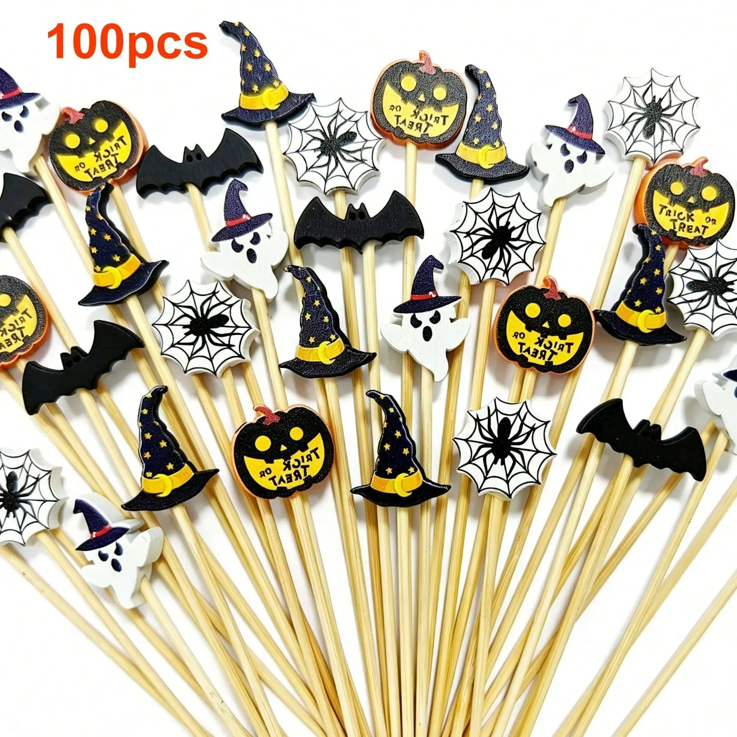 100Pcs Halloween Cocktail Picks Pumpkin Bat Ghost Witch Appetizer Skewers Halloween Party Decorative Cupcake Toppers
