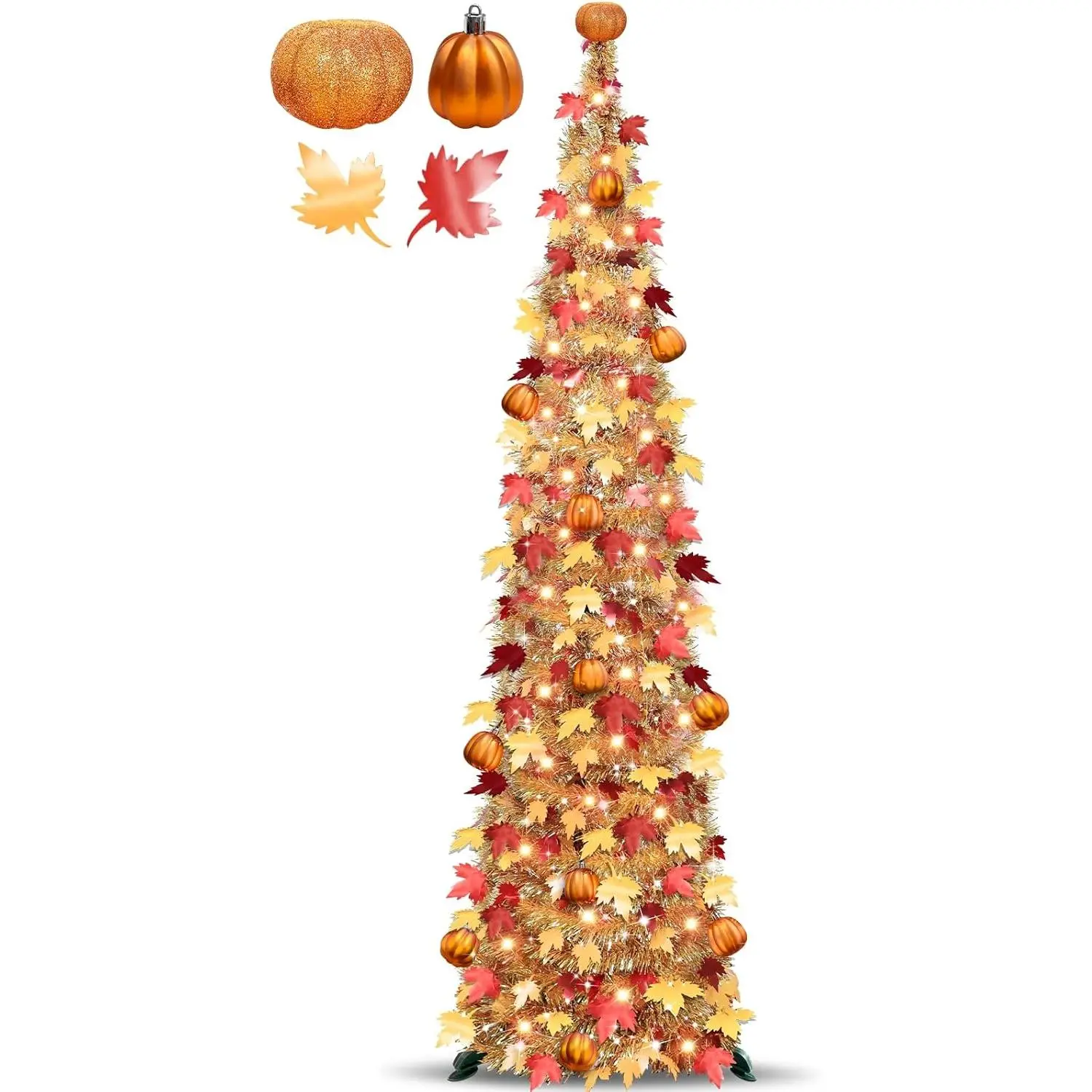 5 FT Fall Tree Fall Decor, Tinsel Maples Tree with 50 Warm White Lights Orange Pumpkins Battery Operated Lighted Halloween Tree Fall Decorations for Home Harvest Thanksgiving Party Indoor