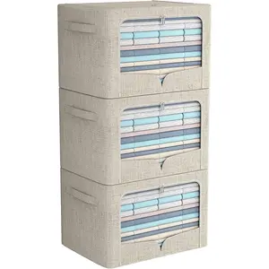 3 Pack Clothes Storage Bins Foldable Metal Frame Storage Box Stackable Linen Fabric Organizer Set with Carrying Handles and Clear Window (Beige, 15.7x11.8x7.8inch(22L))