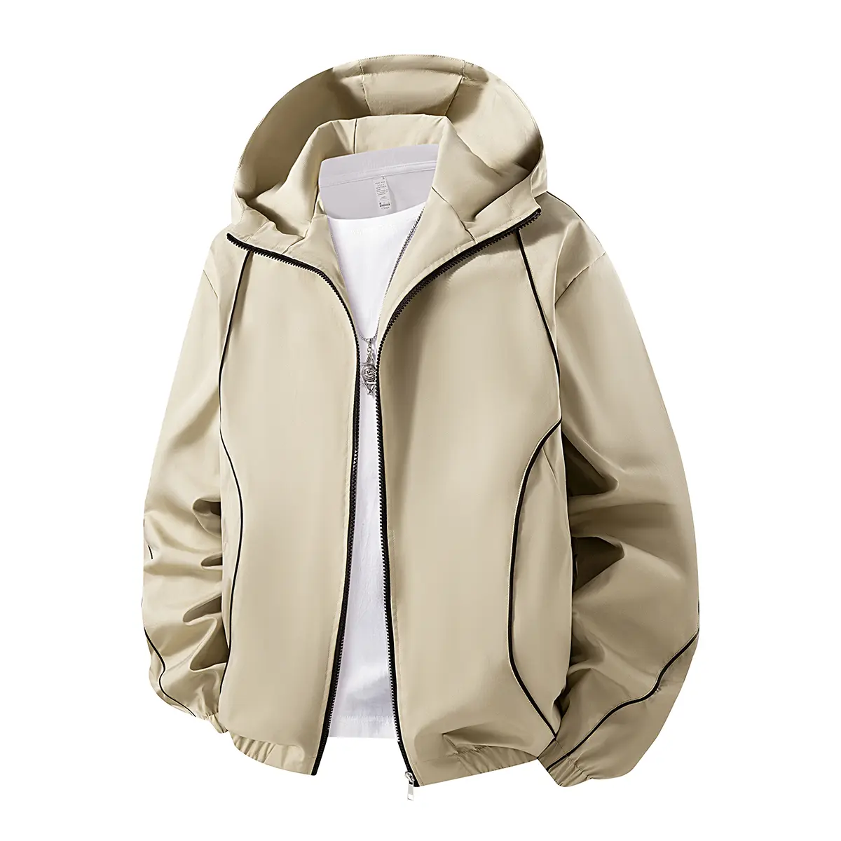 Street Tech Men's Olive Green Full-Curved White Contrast Piping Attached Hood Zip Wind Jacket - Portable, Wrinkle-Free, Light Windproof Layering Outerwear for Travel, Gym Wear