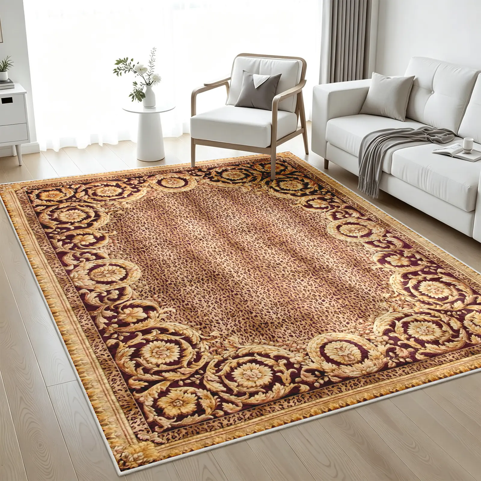 1PC Luxury Classic Persian Area Rug, Leopard Print Center with Ornate Scroll Border Carpet, Non-Slip TPR, Soft Low-Pile, Machine-Washable Floor Rug, Stain-Resistant, Elegant Aesthetic Decor for Living Room and Bedroom (Various Sizes)