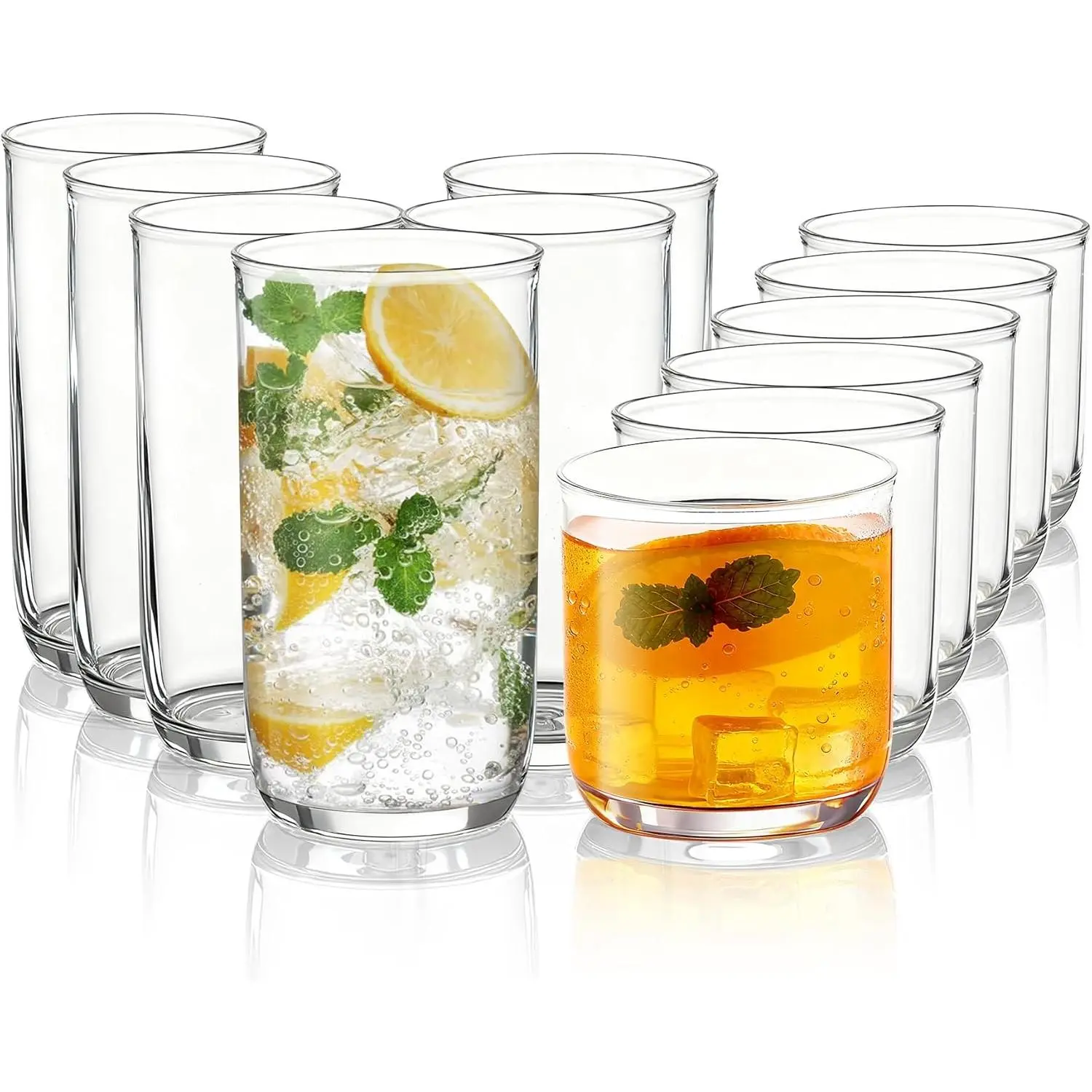 Drinking Glasses Set of 12, PET Clear Plastic Highball Glasses 14oz & Whisky Cocktail Glasses Set 11.5oz, Heavy Duty Unbreakable Water Glasses Cup Tumbler Glassware for Beer, Juice, Milk