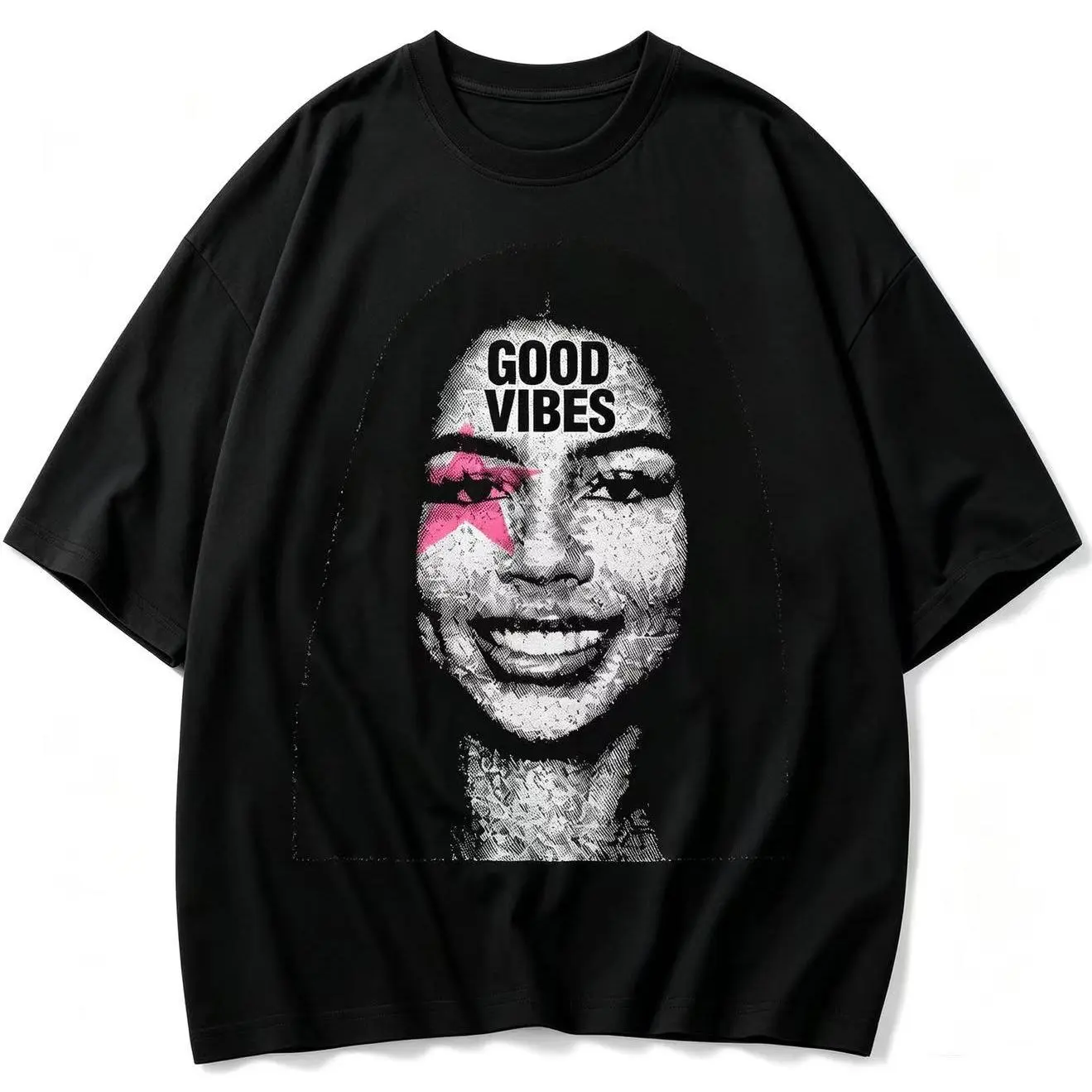Good Vibes Pink Star Woman Face Graphic Tee Grunge Y2K Aesthetic Oversized Cotton Tshirt Streetwear Casual Short Sleeve Top angel wings cut shirt