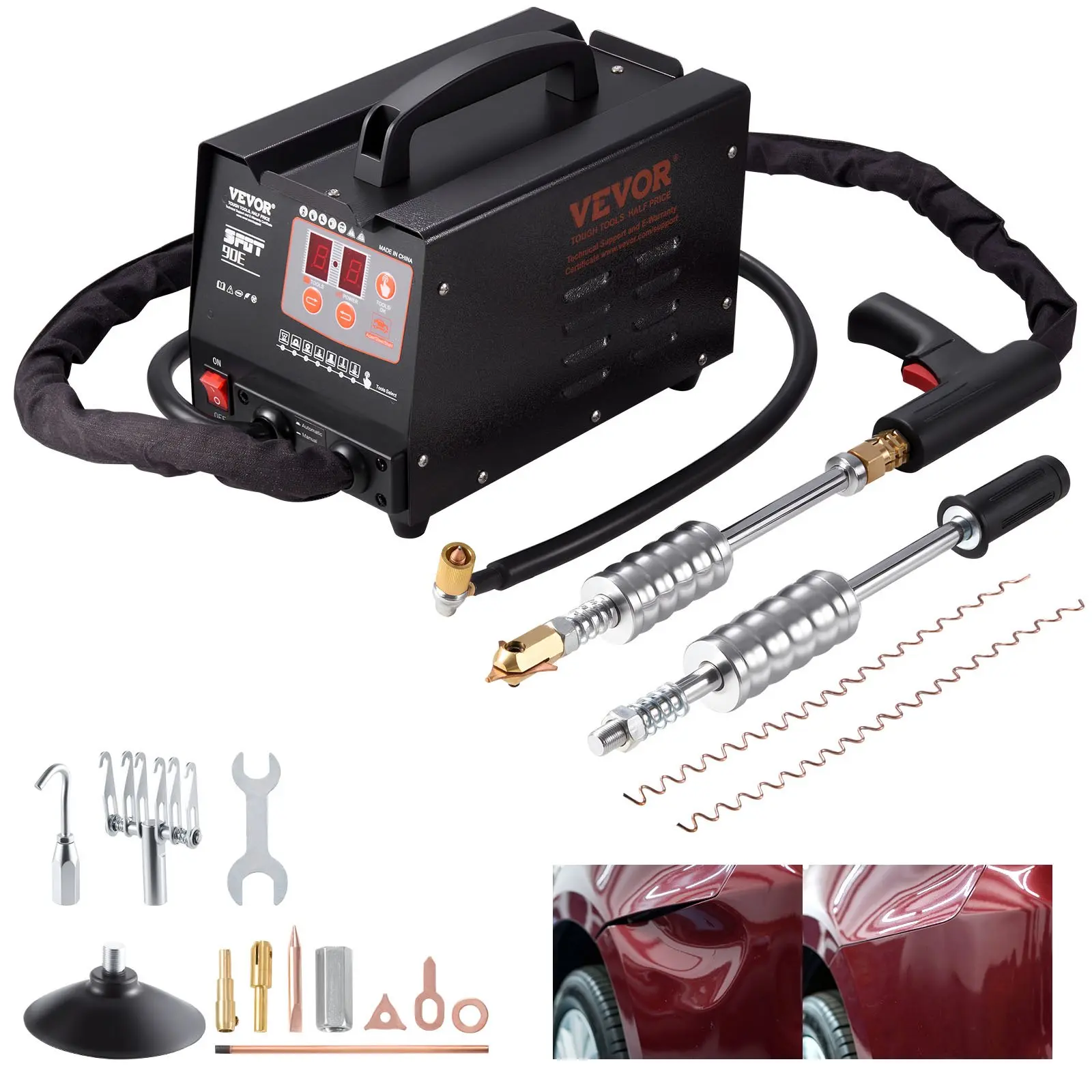 【toolupgrade】VEVOR 110V Stud Welder Dent Repair Kit - 1x Dent Puller Machine, 1x Accessory Kit, 20A, 7 Modes, 8"x12.5"x10" Slide Hammer, Automatic Overheating Protection, Carbon Rod Heating AC3V-5V, Professional Car Body Panels Repair Tool
