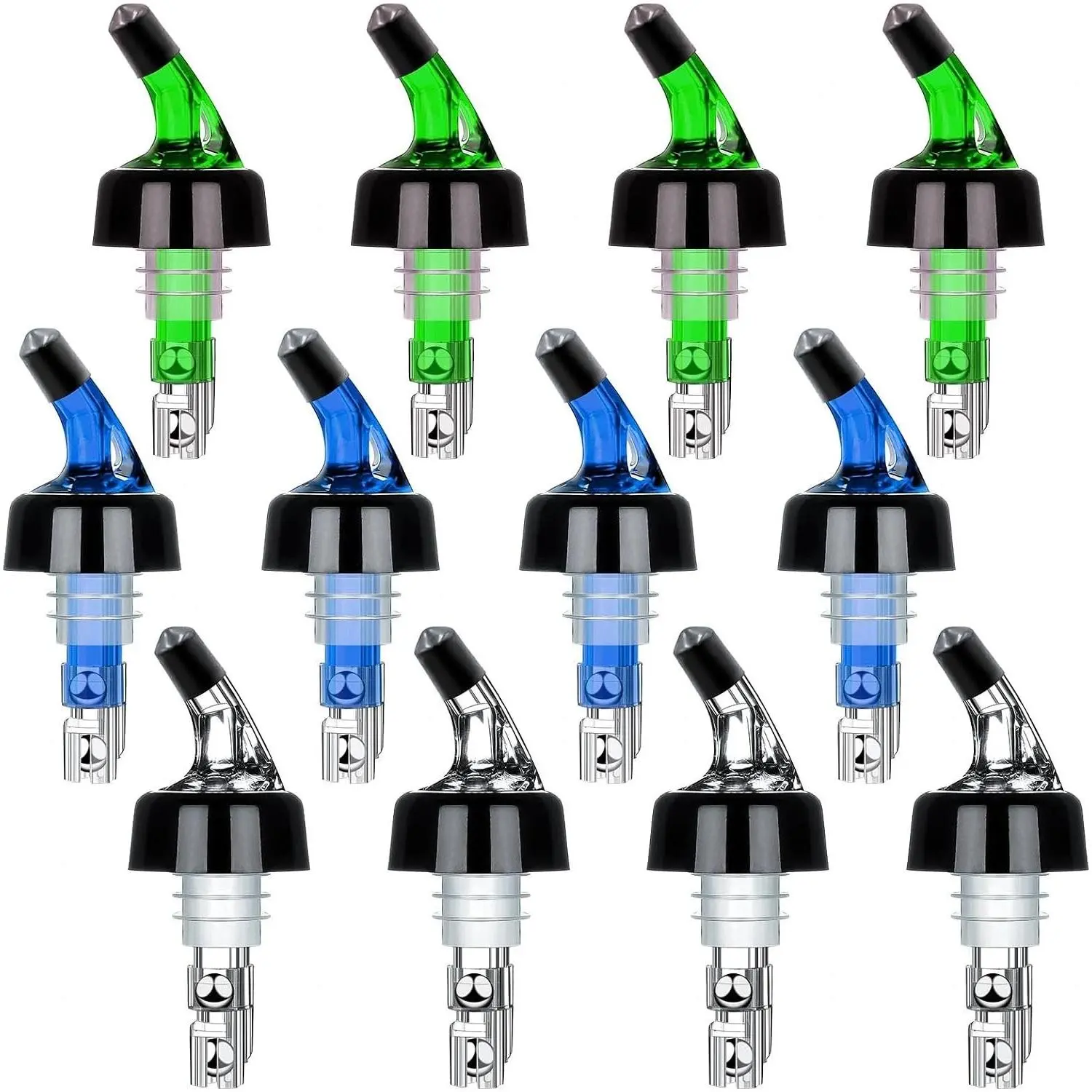 SuproBarware 1oz Measured Liquor Bottle Pourers, Set of 12 Automatic Measuring Alcohol Spirits Wine Pour Spouts for Cocktail Home Bar (4 Clear 4 Green 4 Blue)