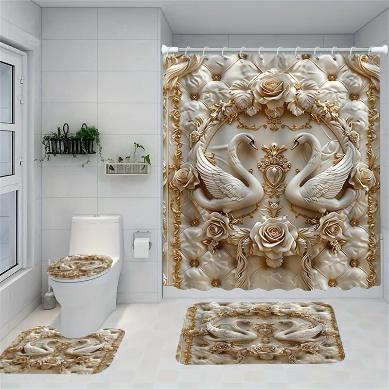 Swan Embossed Shower Curtain Set, 1 Count Waterproof Shower Curtain/4 Counts Set Including Waterproof Shower Curtain, Non-slip Floor Mat, Toilet Seat Cover & Bathroom Mat with 12 Hooks, Showercurtain, Bathroom Decoration Accessories