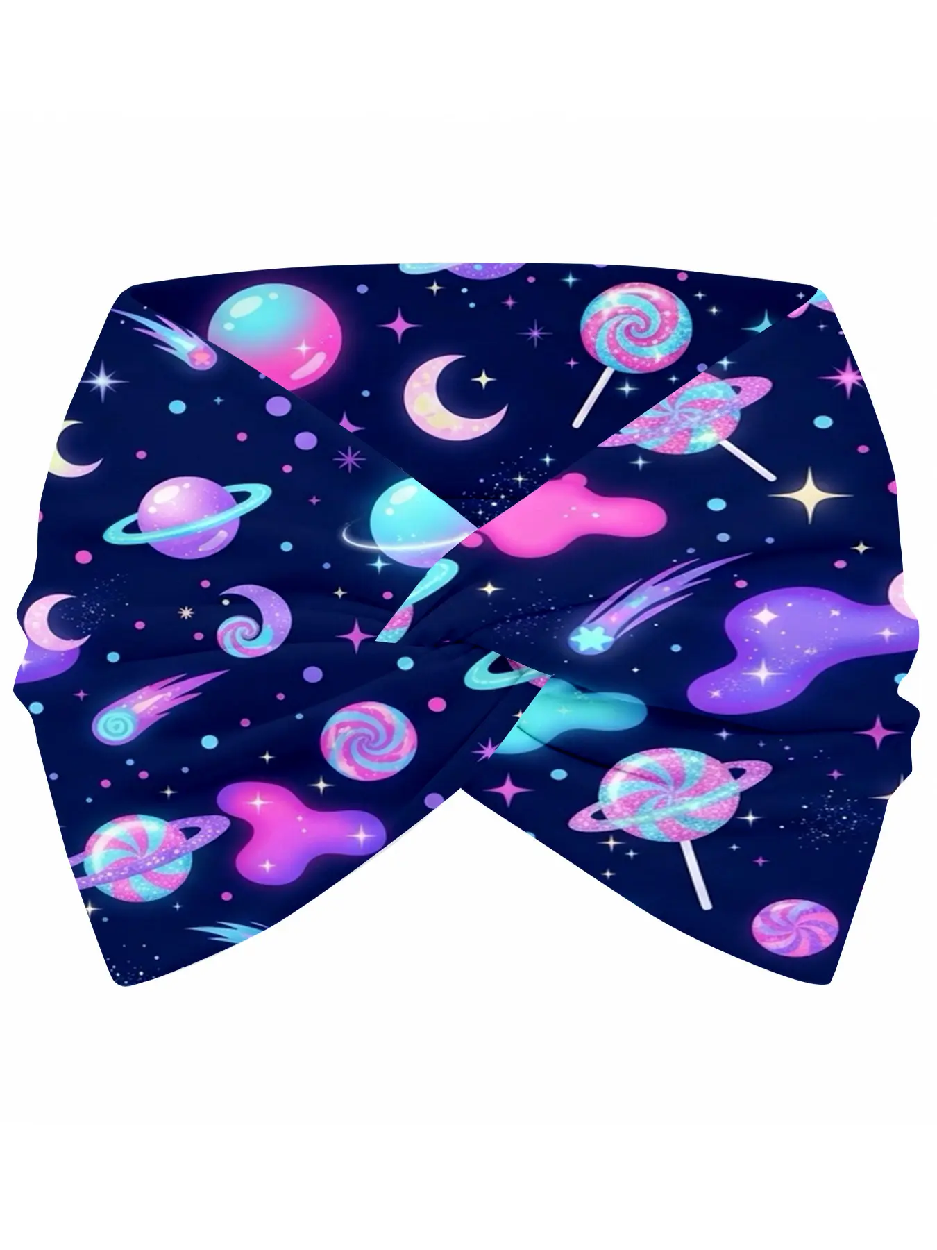 Candy Galaxy Headband for Women – Neon Swirl Lollipops, Planets, Shooting Stars & Cosmic Clouds on Dark Backdrop – Great for Rave Parties, Festival Nights, Cosplay Events & Playful Trendy Everyday Looks