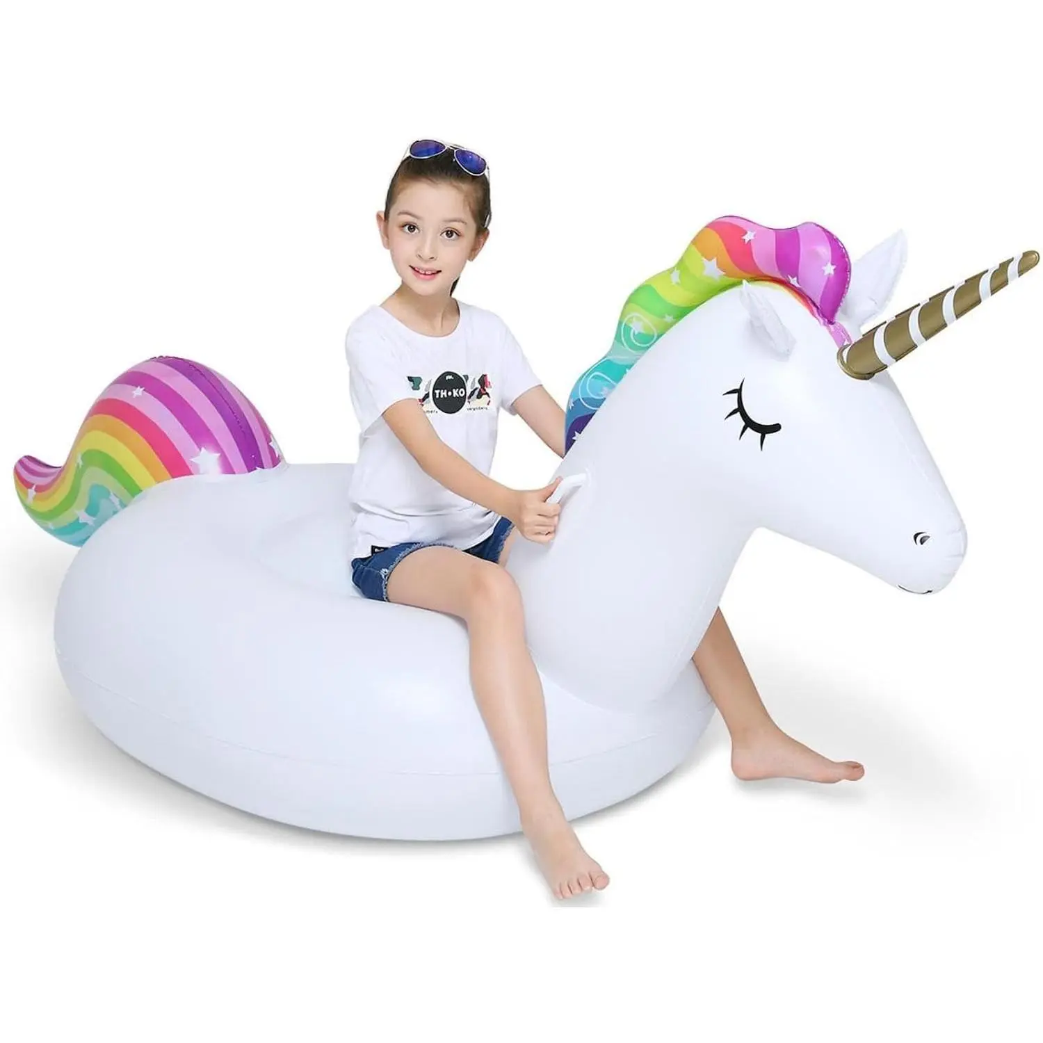 Big Inflatable Unicorn Pool Float Ride On with Fast Valves - Large Blow Up Summer Beach Pool Party Lounge Raft Decorations for Kids Adults