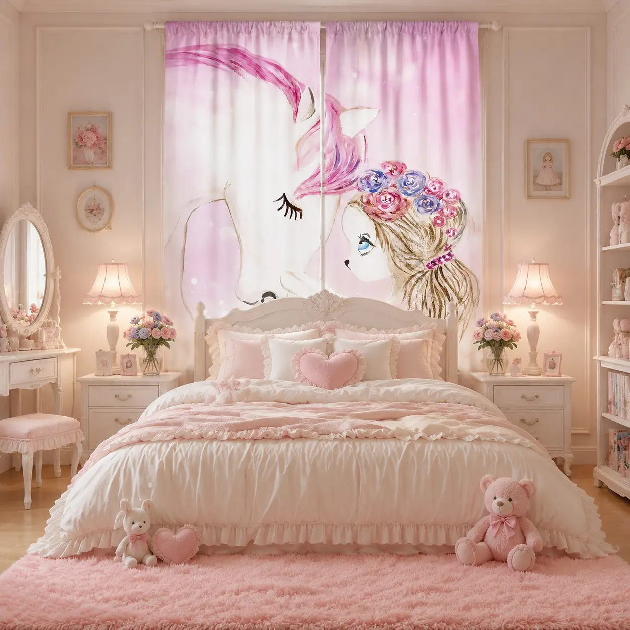 Two-Pack Cute Unicorn Princess Print Curtains, Gradient Background, Dreamy Unicorn Pattern, Ideal for Girl's Bedroom, Sweet and Soft Atmosphere