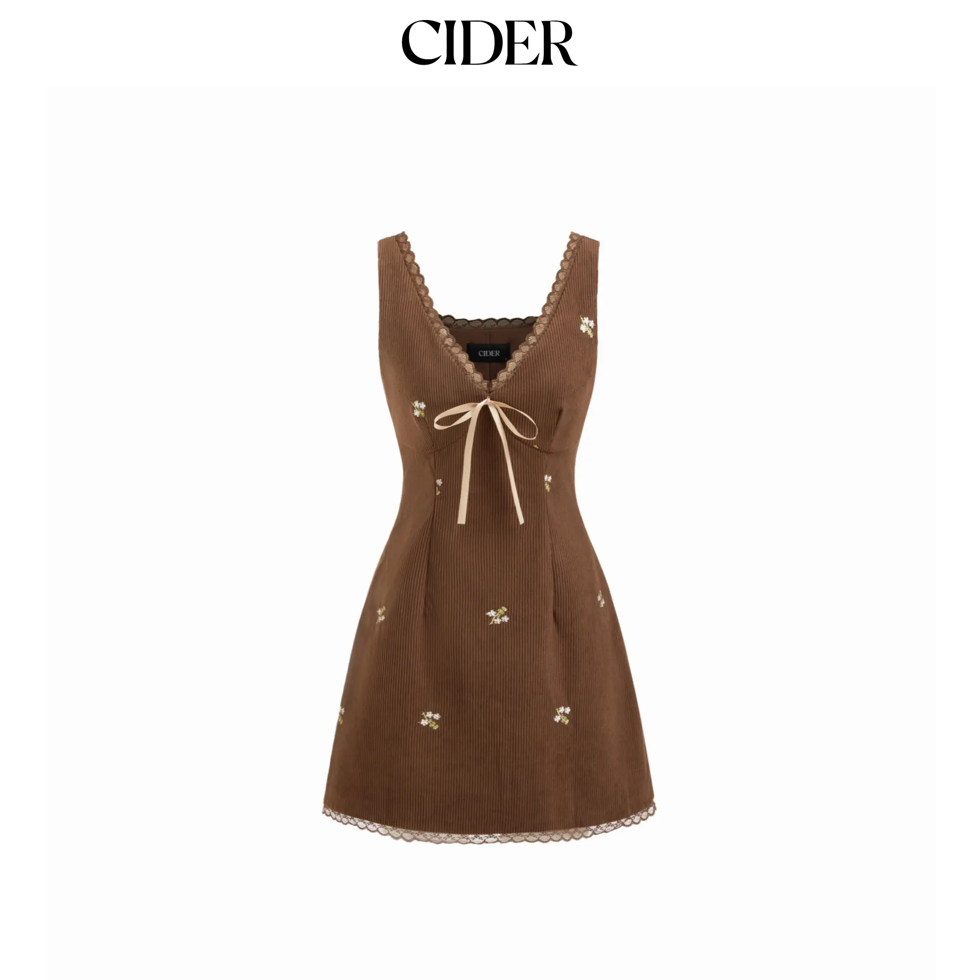 Cider Corduroy Floral V-neck Lace Trim Bowknot Mini Dress SohoChic