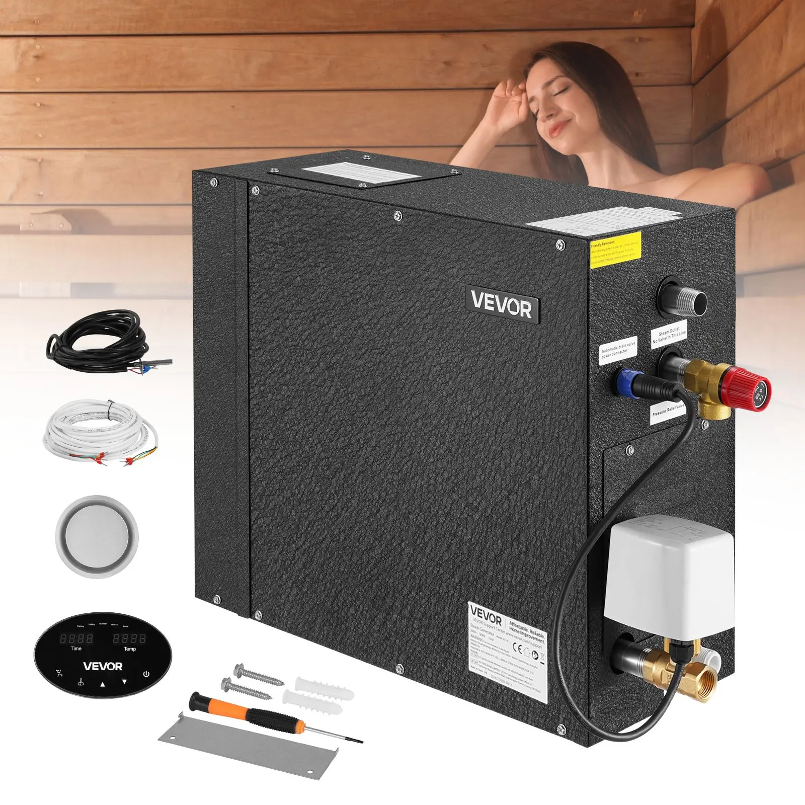 VEVOR Steel Steam Generator, 7.5 kW System with Controller, 17.72x7.28x13.58 in, 27.12 lb, Fast & Continuous Output, Hassle-Free Installation, Auto Drain Kit, Protection Features, 10 Min-24h Efficiency, Black (Home Sauna Use)