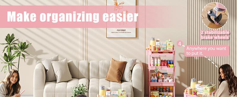 VANCASTLE 3/4 Tier Rolling Utility Cart Organizer with Removable Drawer - Sturdy Rolling Storage Cart with 2 Lockable Wheels for Bathroom, Kitchen, Snack, Craft, Makeup, and Baby Essentials White Racks bathroom organizer garage accessories