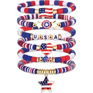 Independence Day Beaded Letter Bracelet Set, Elastic Star and Flag Design, July 4th Patriotic Jewelry, Stackable Clay Beads, Gift for Men and Women, Fashionable Chunky Bangles, Adjustable