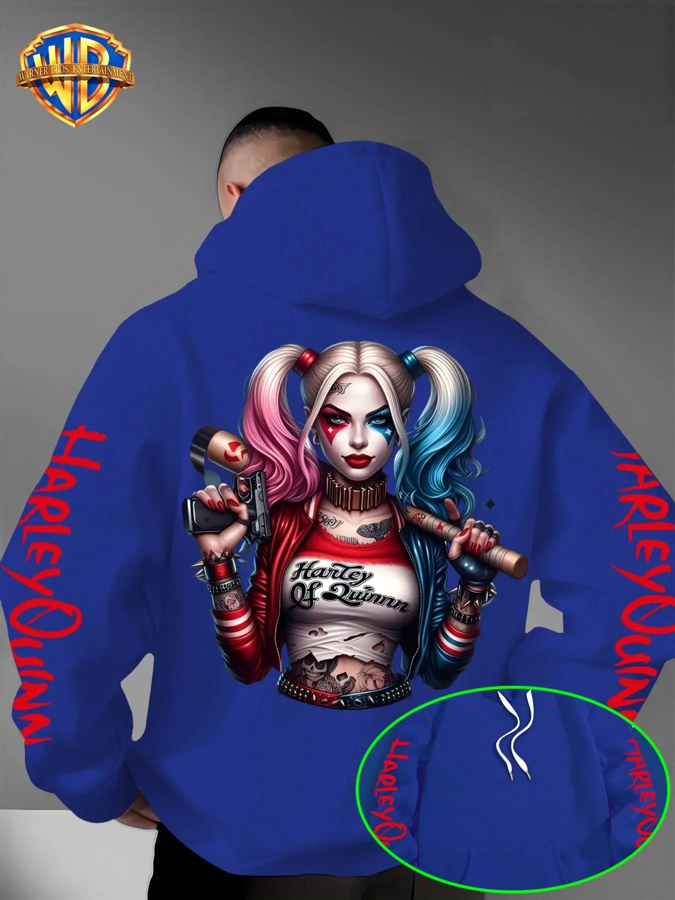 Warner Bros Men's Blue Harley Quinn Back Print Hoodie, Long Sleeve Loose-Fit Casual Streetwear, All Seasons Pullover Top