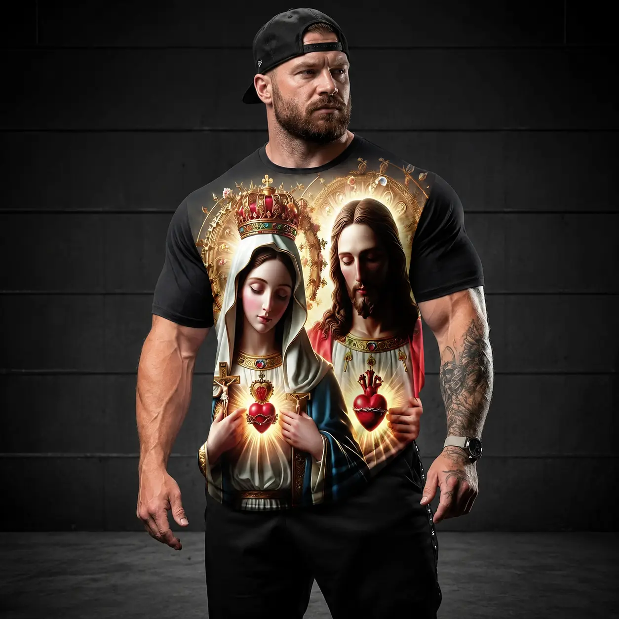 Christmas Men's 3D Digital Printing - Religious Art Style! Sacred Heart Theme Printed Men's T-shirt, Casual and Versatile Sporty Men's Crew Neck Short Sleeves, Suitable for Daily Wear, 100% Polyester Fiber, a Perfect Holiday Gift for Men