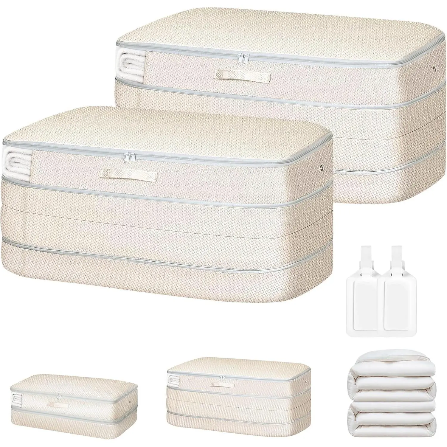 Comforter Storage Bag - Large Capacity Bedding Storage Bags Ultra Space Saving Self Compression Organizer, Washable Compression Bags for Storage Comforter Blanket Duvet Pillow, 2-Pack, BeigeGift.