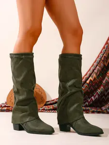 Women's Fashion Faux Fur Low Heel Boots, Casual Over-The-Knee Design, Round Toe Rubber Sole, Fall & Winter Style, Slip-On Trendy Shoes