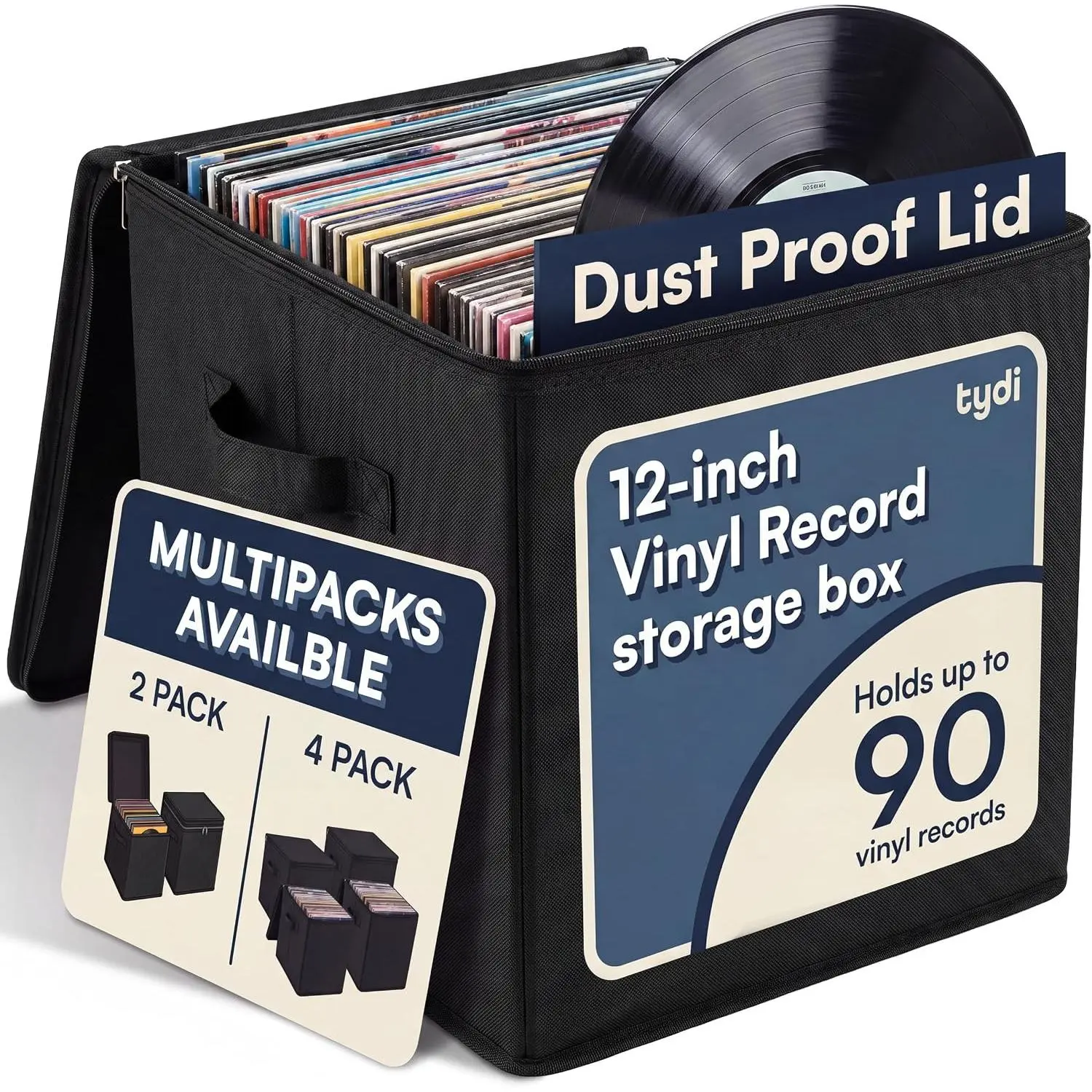 Vinyl Record Storage Box with Zip Closure – Holds Up To 90 12 Inch Vinyl Records – Collapsible Crate, LP Storage Boxes, Records Box – Stackable Record Case