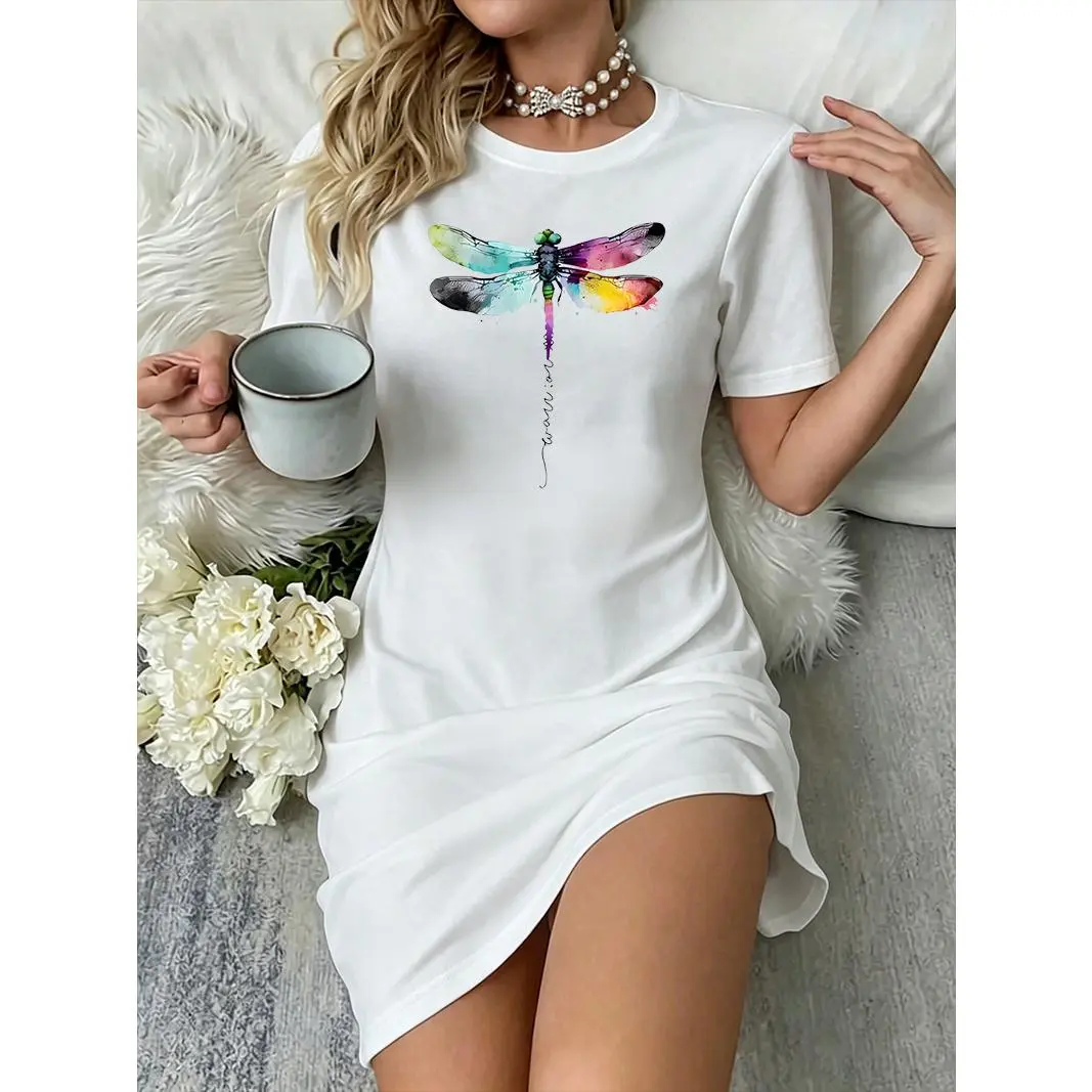 Women's Streetwear Graphic Dress, Watercolor Dragonfly Print, Casual Oversized Loose Fit Short Sleeve Mini, Loungewear, T-Shirt, Shortsleeve, Fits, Polyester Blend, Round Neck, Breathable, Crew Neck, Cold Wash, Spandex, Lightweight, Chic