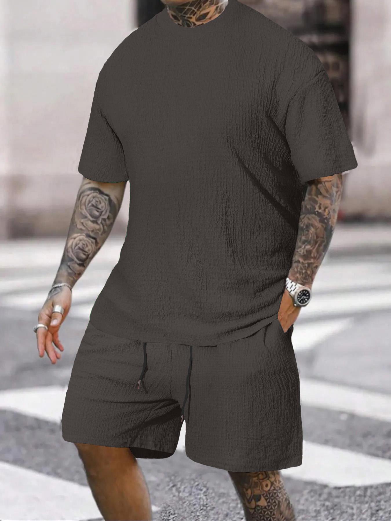 Men's Solid Textured Round Neck Tee & Drawstring Waist Shorts Pyjama Set, Short Sleeve Top & Shorts Set, Casual Comfy Men's Sleepwear & Loungewear, Menswear, Pajama Set