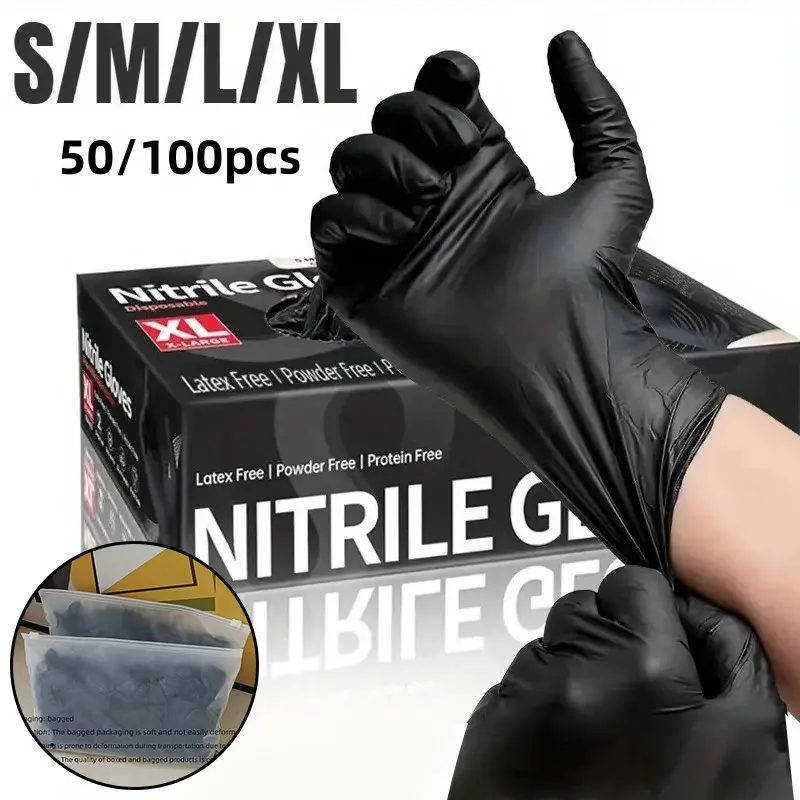 10/50/100-Piece Black Nitrile Disposable Gloves, Durable Household Cleaning Gloves, Latex-Free and Powder-Free, Suitable for Kitchen, Cleaning, Nail Art, Hairdressing and Tool Use, Available in S/M/L/XL Sizes (No Box)