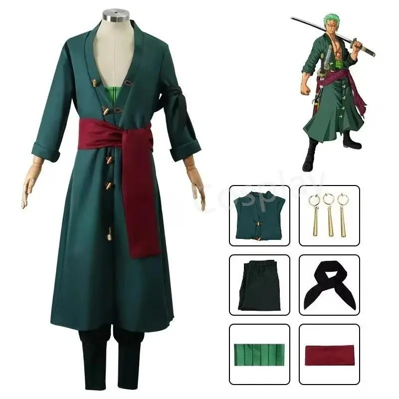 Anime Figures Roronoa Zoro Cosplay Costume Green Coat Pants Head Scarf Wig Earrings Uniform Halloween Men Clothes