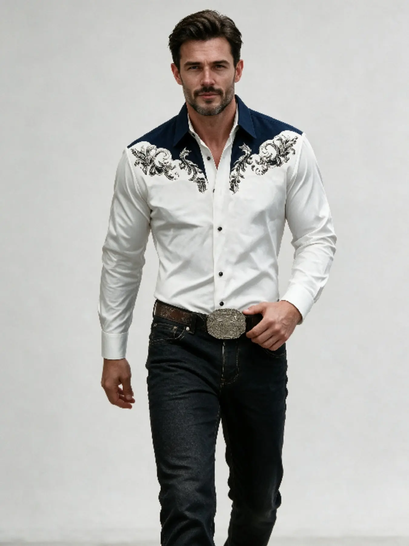 Men's Lapel Collared Long Sleeve Button Up Shirt, Sublimation Western Shoulder Scroll Floral Print Slim Fit Casual Shirt, Vintage Cowboy Baroque Vine Pattern Dress Shirt for Country Outdoor Party Outfit Trendy Casual Shirt