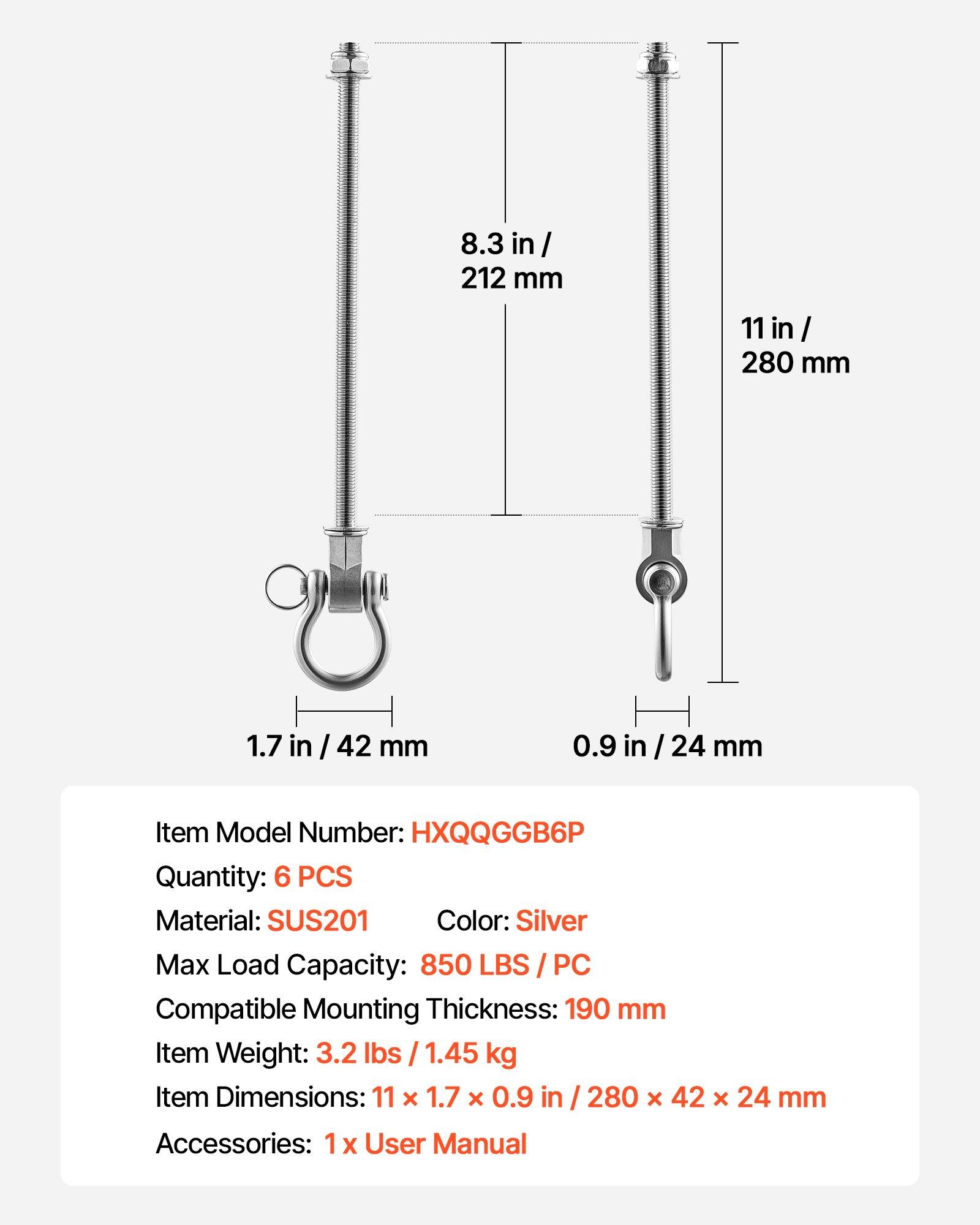 VEVOR Swing Hangers, 6 Pack Heavy Duty Swing Brackets, 850 lbs Each Load Capacity, Smooth Bearing, Stainless Steel Hangers, Ideal for Hammocks Playground Porch Yoga Boxing Bag Indoor Outdoor, Silver