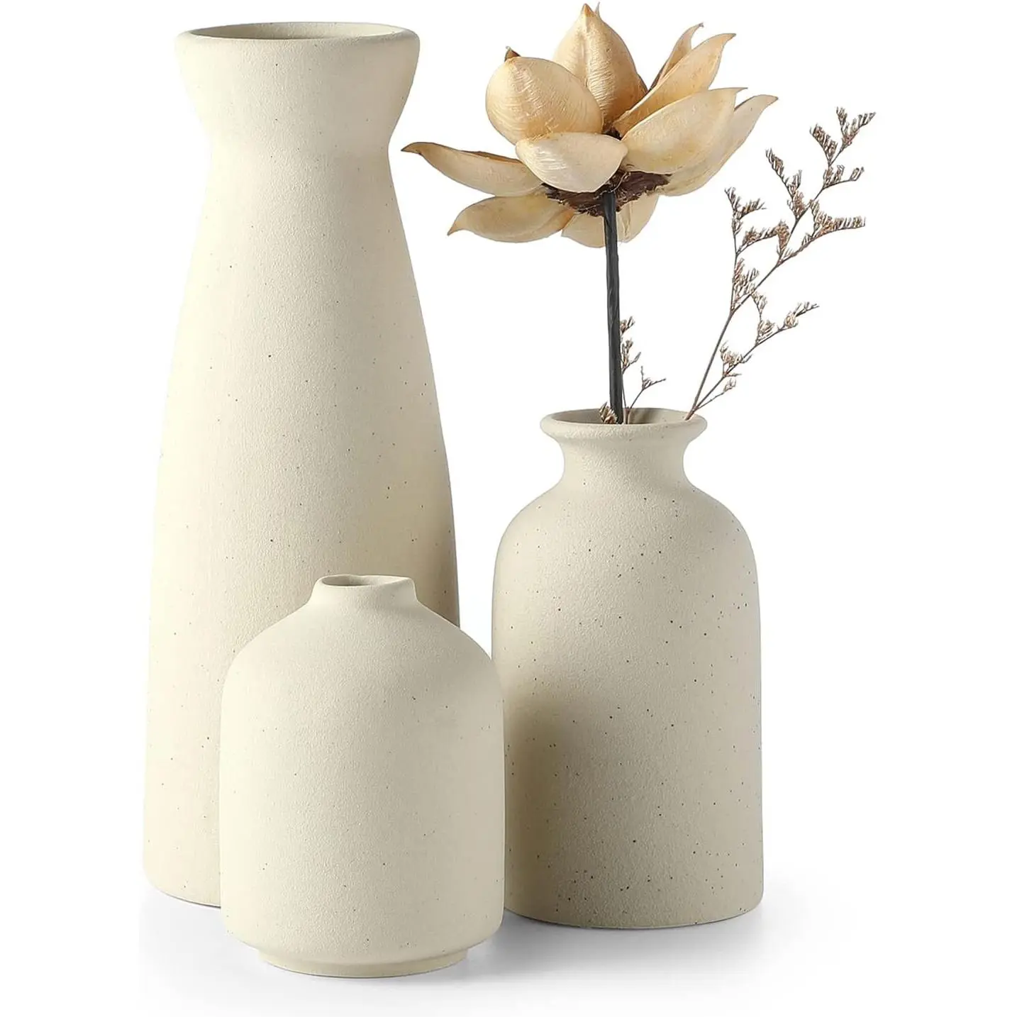 Beige Ceramic vase Set-3 Small Flower vases for Decor,Modern Boho Farmhouse Home Decor,Decorative vase for Pampas Grass&Dried Flowers,idea Shelf,Table,Bookshelf ,Entryway- Distressed