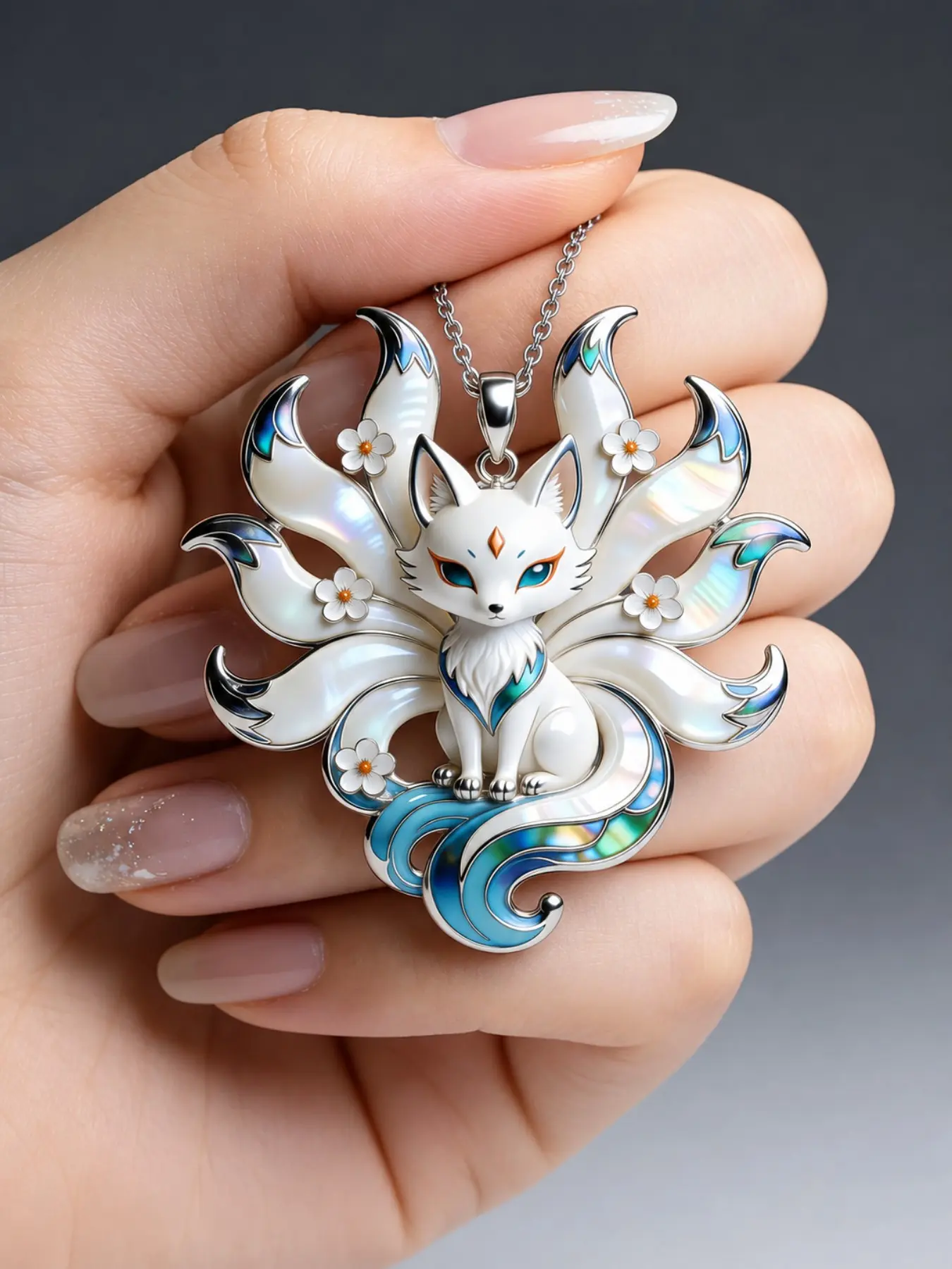 New Traditional Cherry Blossom Nine-Tailed Fox Necklace, Multicolor Mother-Of-Pearl Enamel Alloy Pendant, Elegant Daily Party Gift